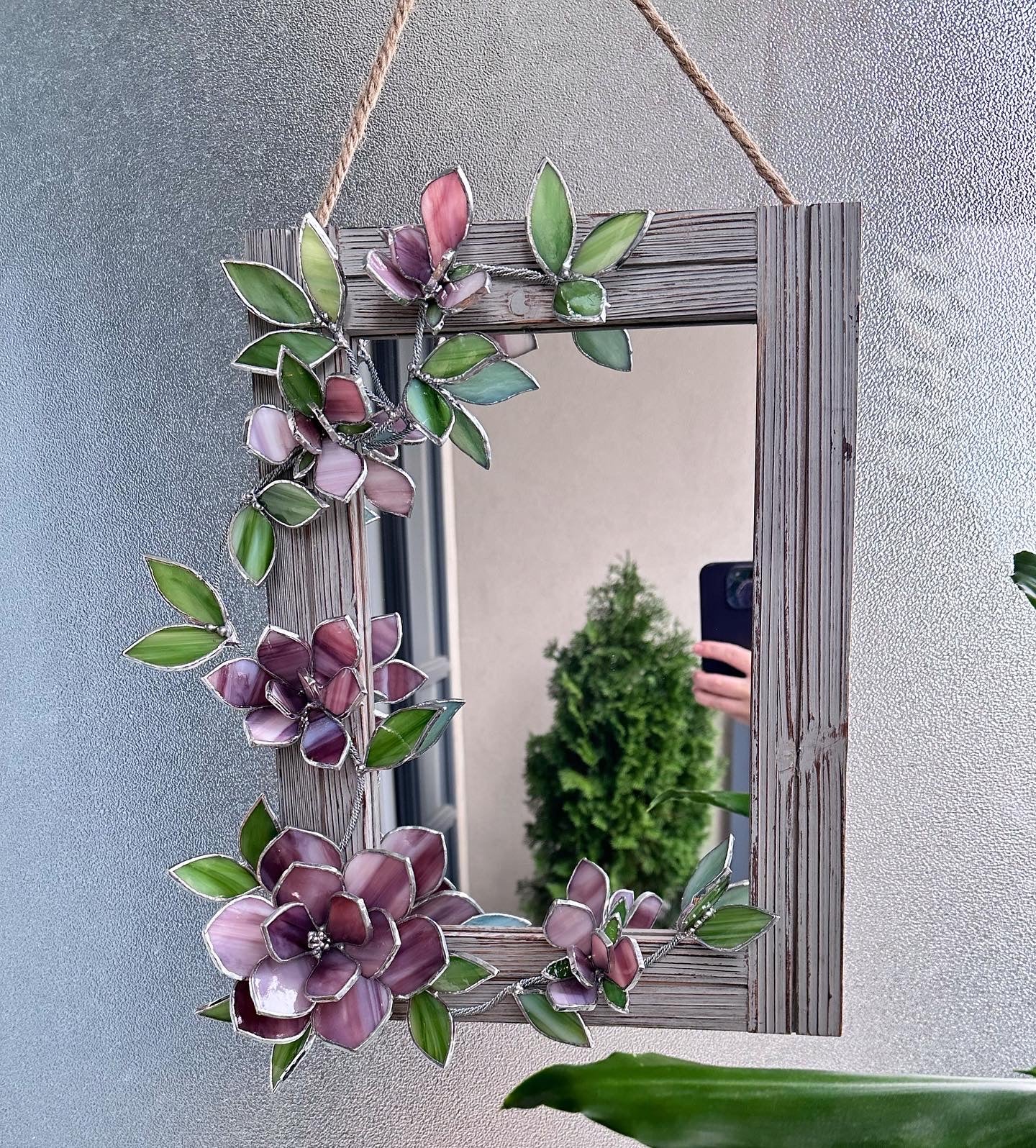 ".Flower Mirror Purple Magnolia, Stained glass Wedding Wall Decor Christmas gift Everlasting, Suncatcher, succulent, cactus