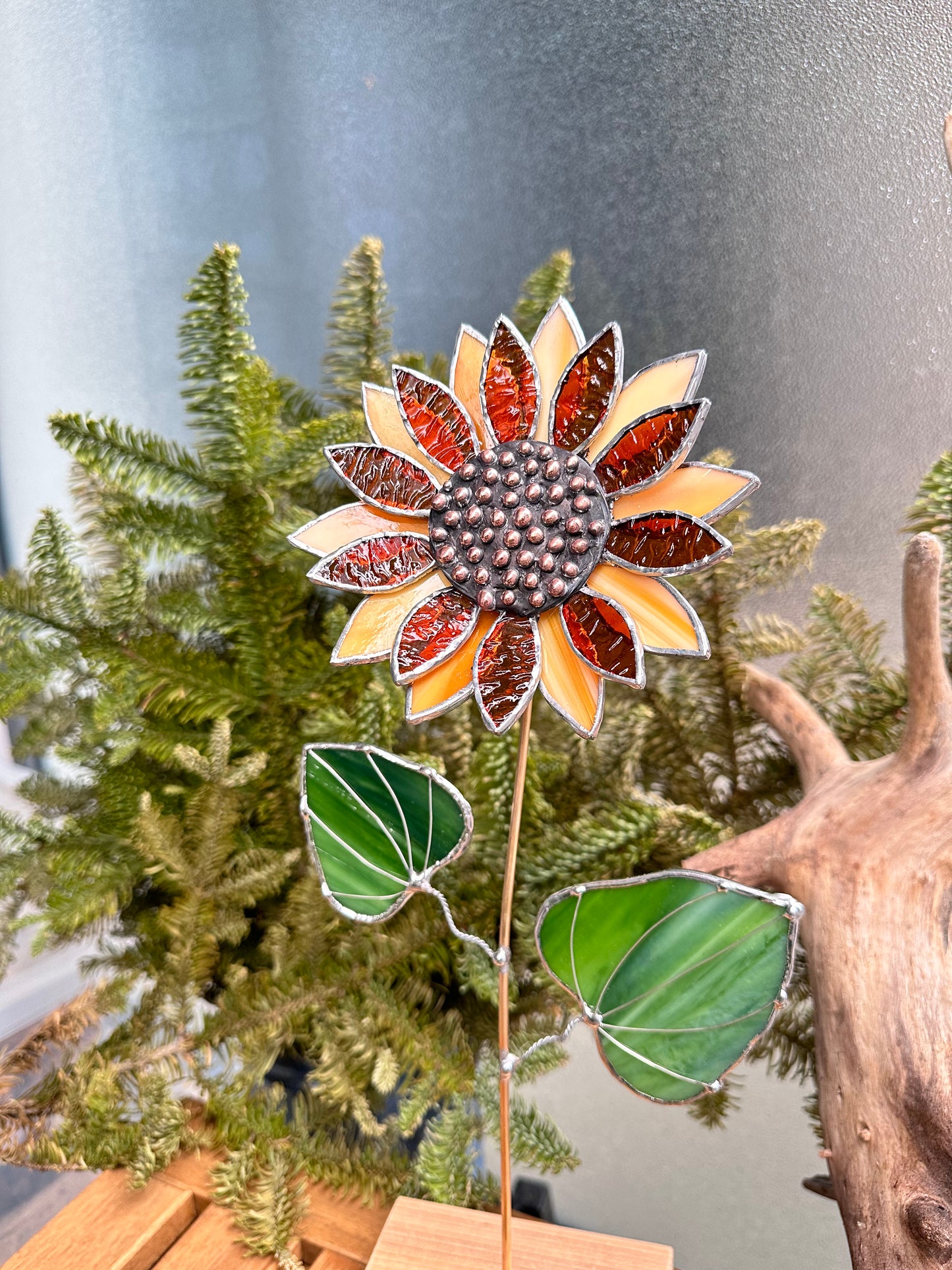 ".Sunflower Dark Amber", stained glass tropical flower 3D, Sun catcher, Table plant decor, Garden stake, Outdoor and gardening, wedding Christmas gift