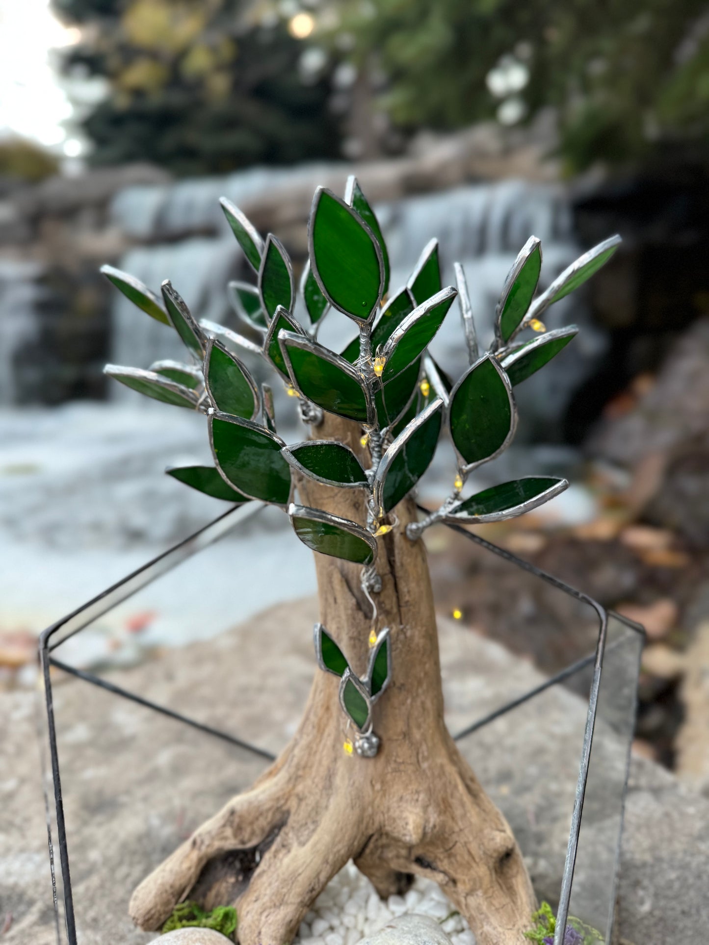 "  . Geometric glass terrarium with bonsai with glass leaves and lights”, Table decor, Christmas gift