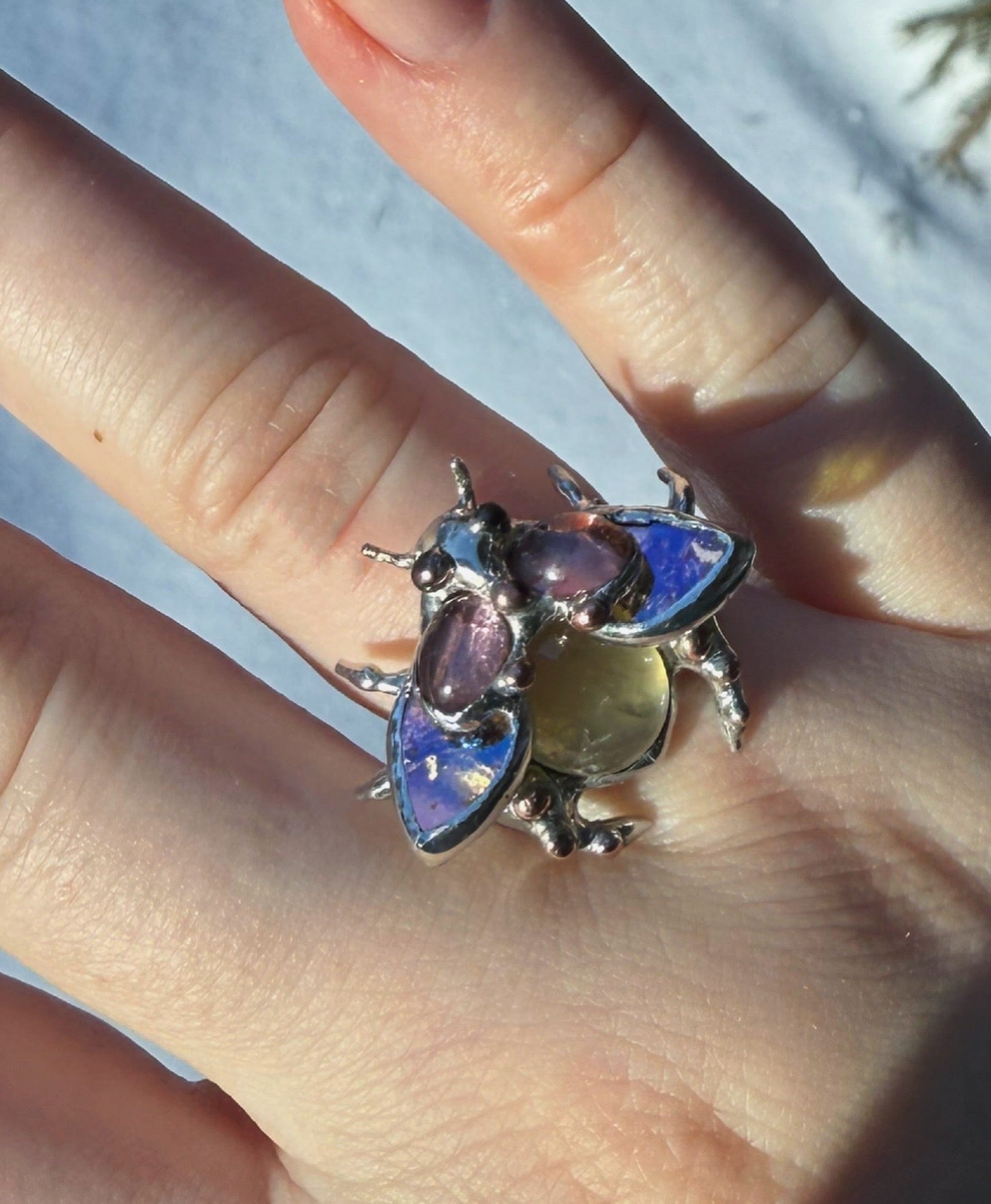 " . Bug Ring “Flower Chafer with Pink Tourmaline & Olive Prehnite”, art jewelry pendant with gemstones 3D wedding jewelry Mother’s Day gift