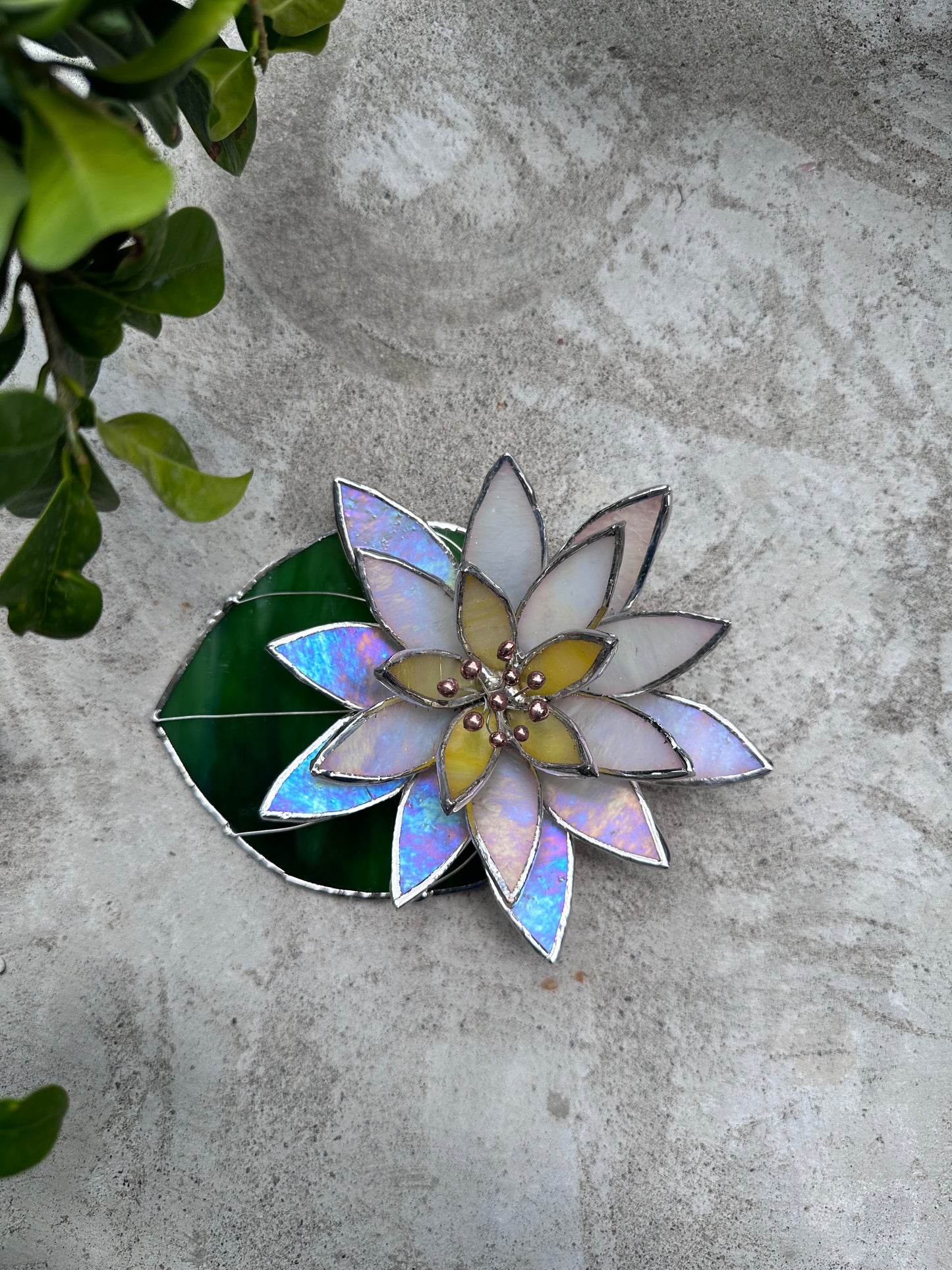 ".Water Lily White Pearl with leaf" Stained glass table decor, holiday decorations, succulents