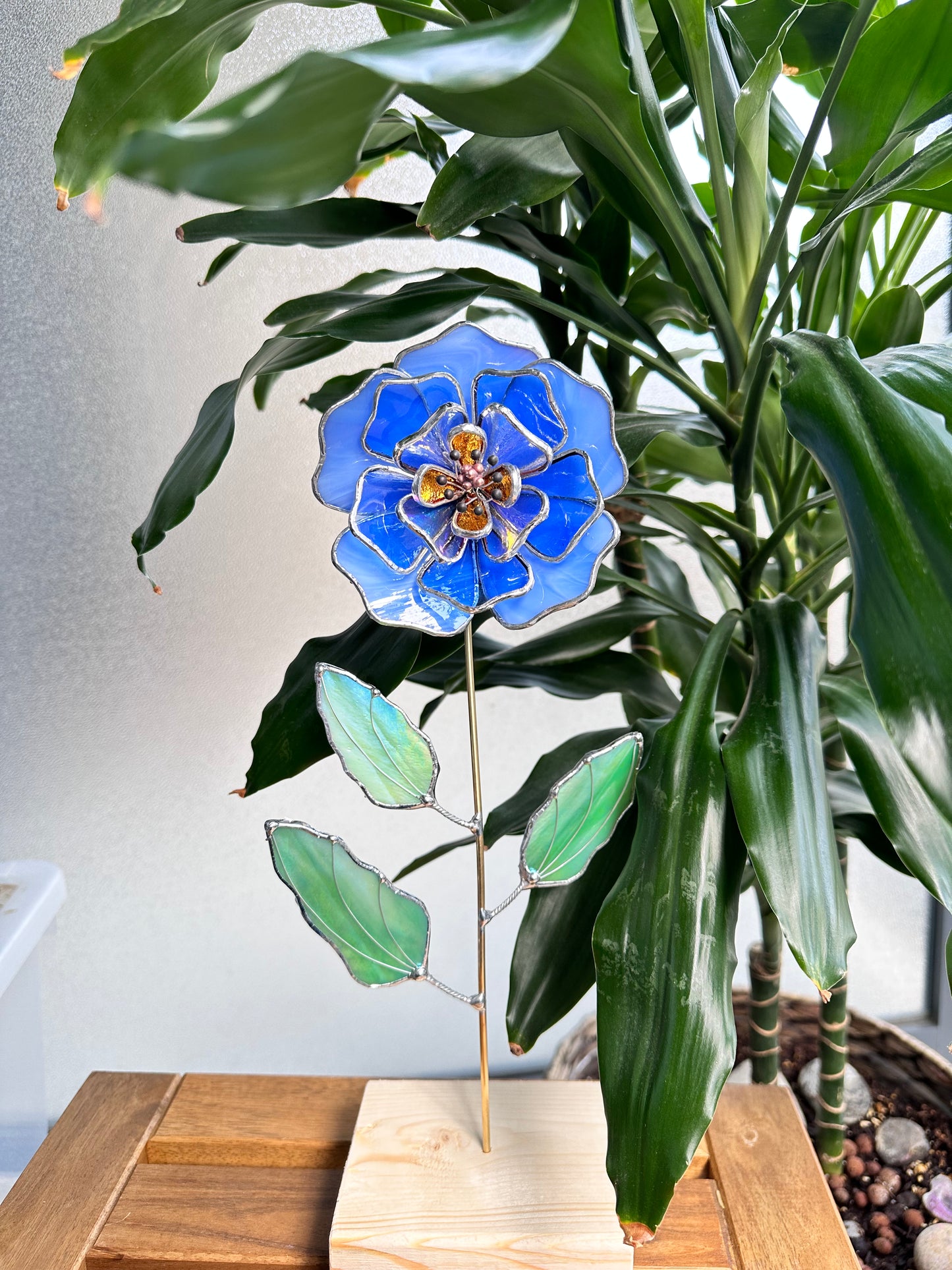 ". Peony Stained glass flower Sky Blue & Gold,  tropical 3D Sun catcher, Table plant decor