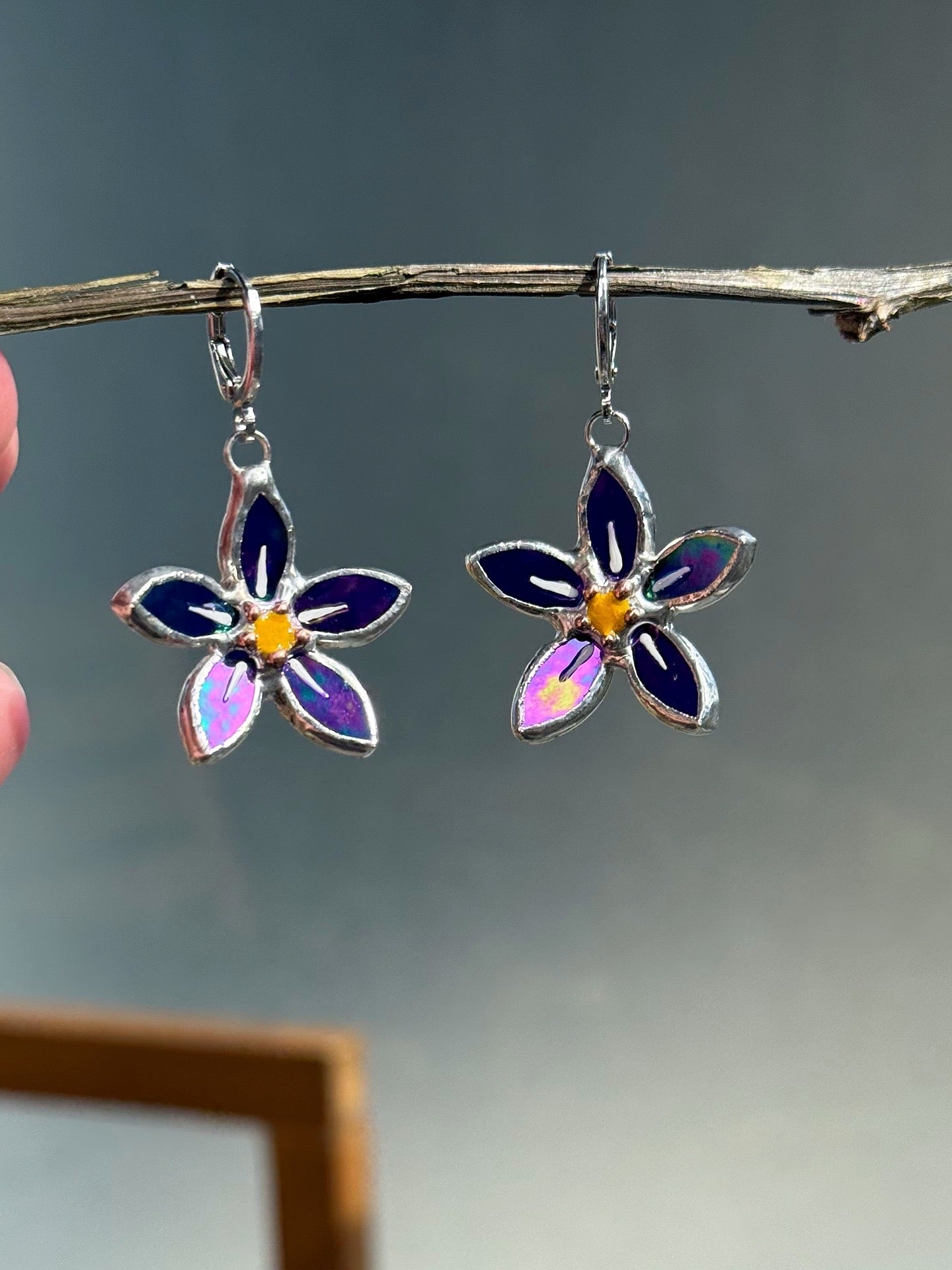 .Forget Me Not Earrings Indigo Luminescent Handcrafted Stained glass Botanical Art Jewelry