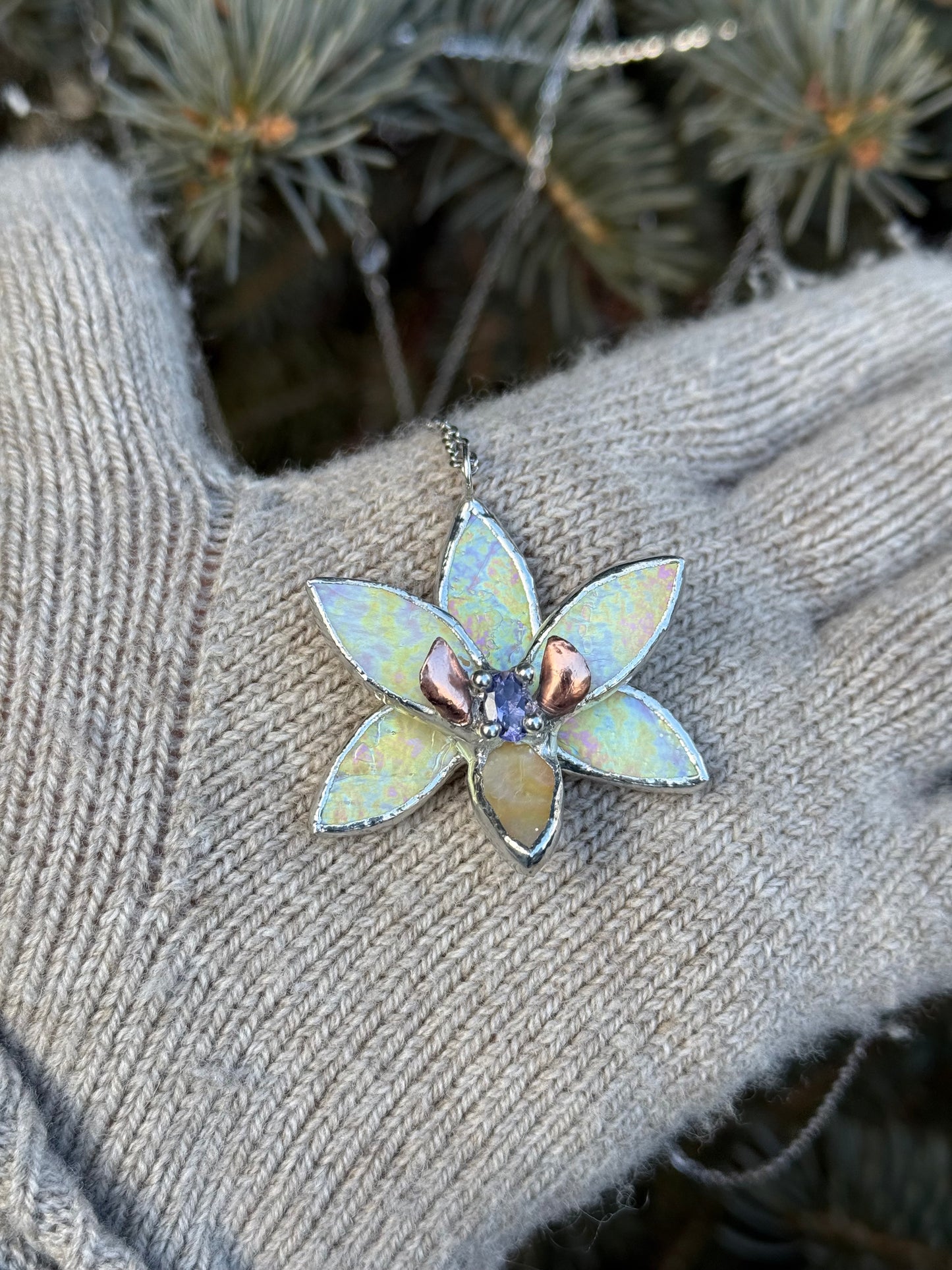 " . Necklace Tropical Orchid Yellow iridescent with Blue Iolite ” Stained glass tropical flower 3D, art jewelry