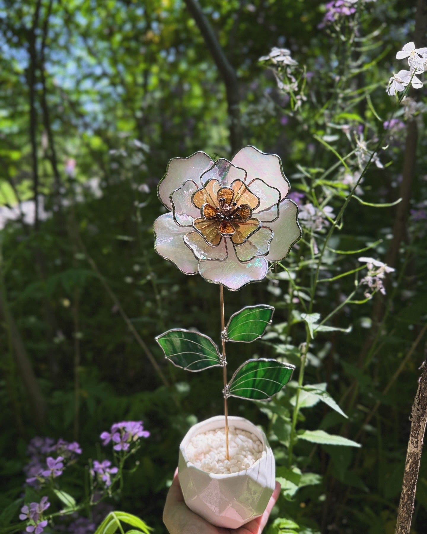 " . Beautiful Peony White & yellow iridescent Stained glass flower, tropical 3D Sun catcher, Table plant decor, wedding gift, available new