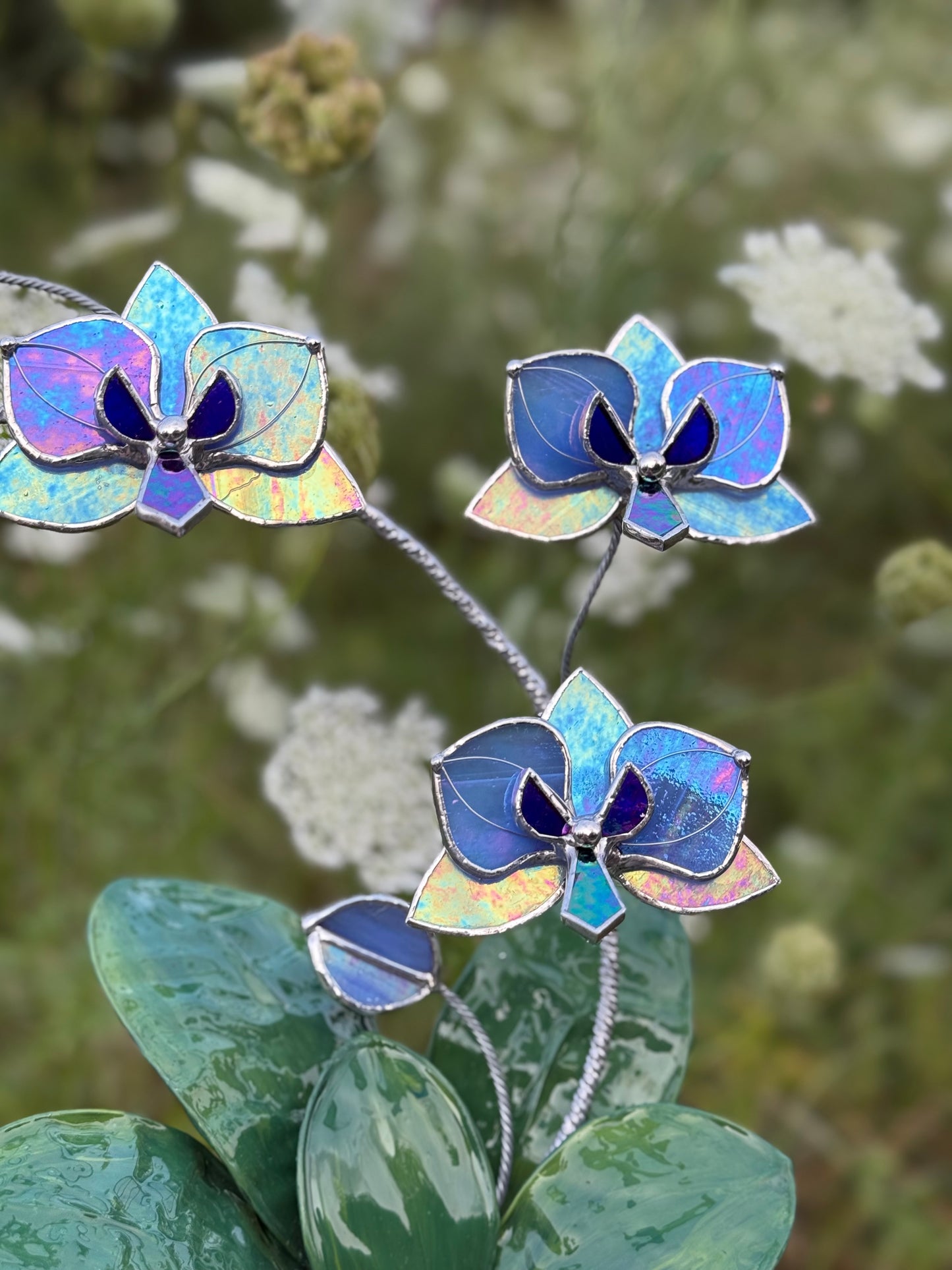 Orchid Lavender Blue Stained Glass WITH Hand Painted RESIN LEAVES, 3 Flowers, Botanical Table Decor