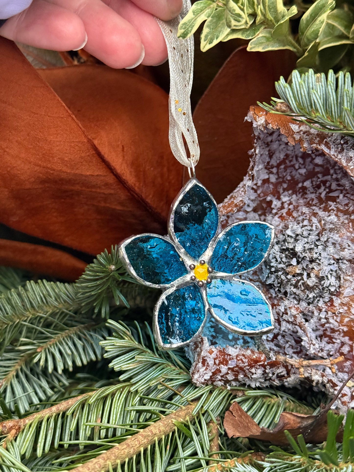 Forget Me Not Stained Glass Ornament Blue, Handmade Floral Suncatcher