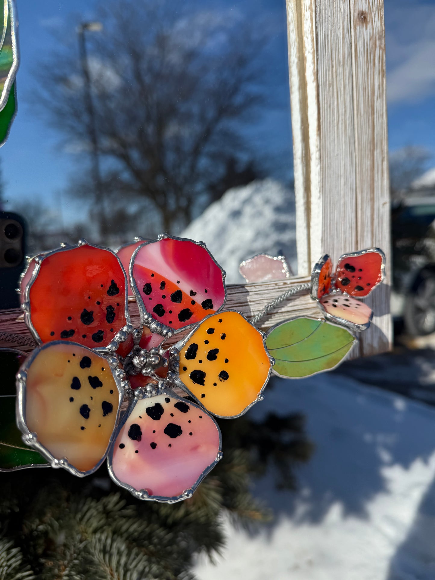 .Tiger Hibiscus Stained glass Wall Mirror, 3D Botanical Floral Art