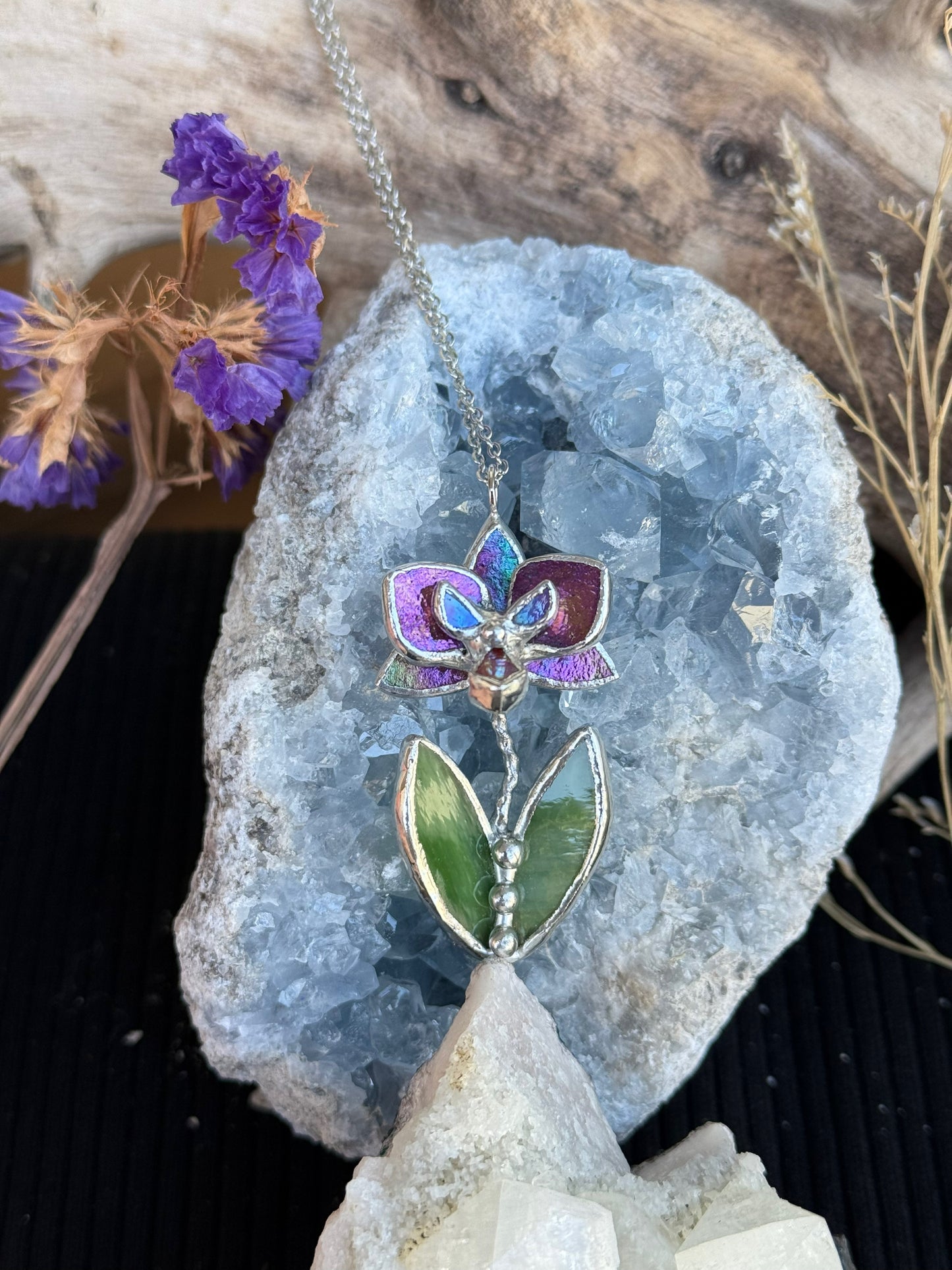 " . CHOOSE COLOR “NECKLACE OR BROOCH orchid flower with leaves” Stained glass tropical flower 3D, art jewelry