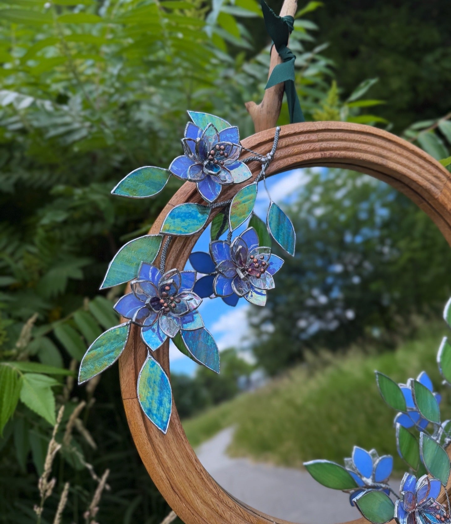 .Blue Wildflowers Stained glass Wall Mirror, 3D Botanical Floral Art ready
