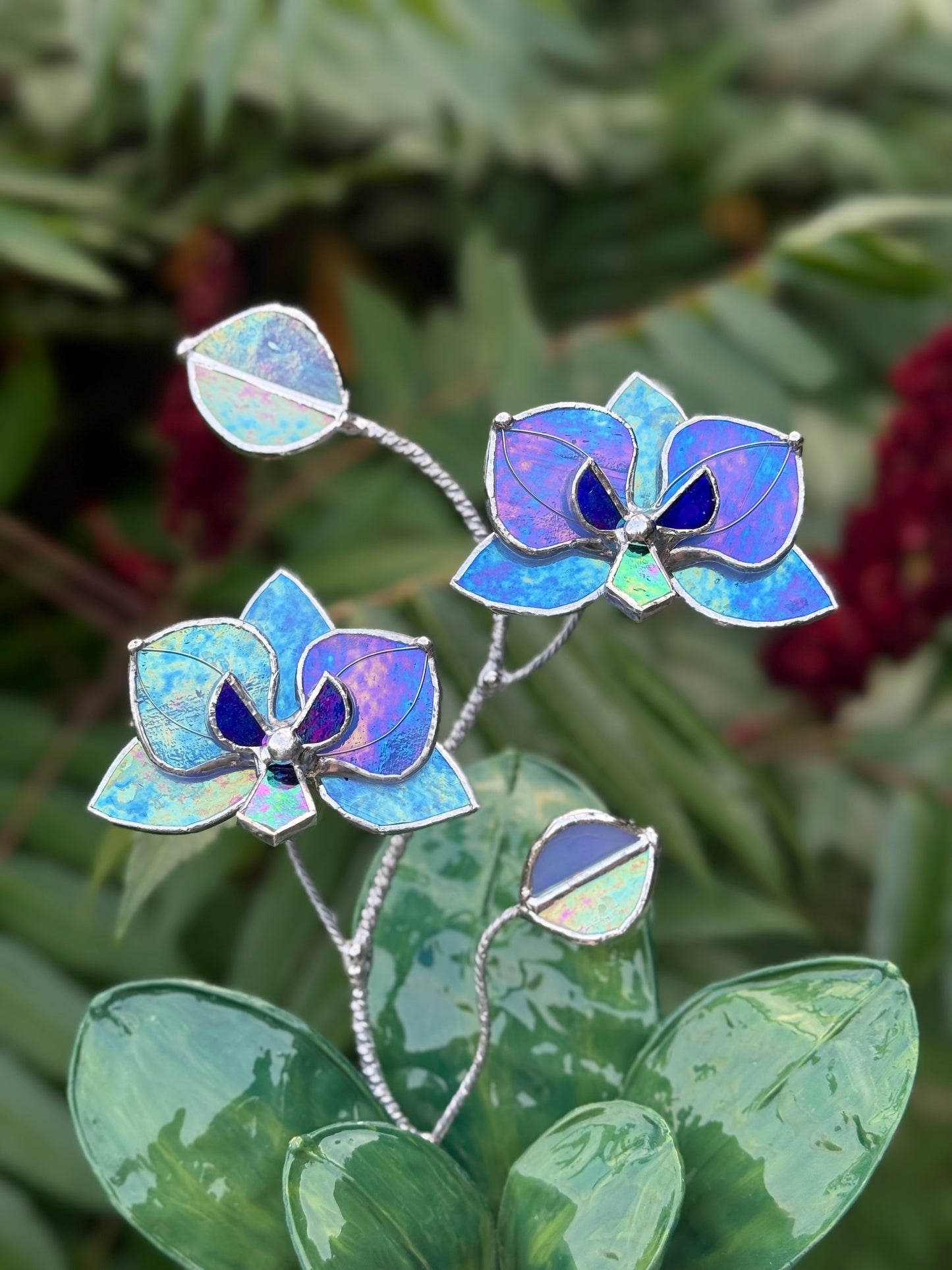 Orchid Blue lavender WITH RESIN Hand painted LEAVES Stained Glass 2 flowers in a Pot, Botanical Art Sculpture