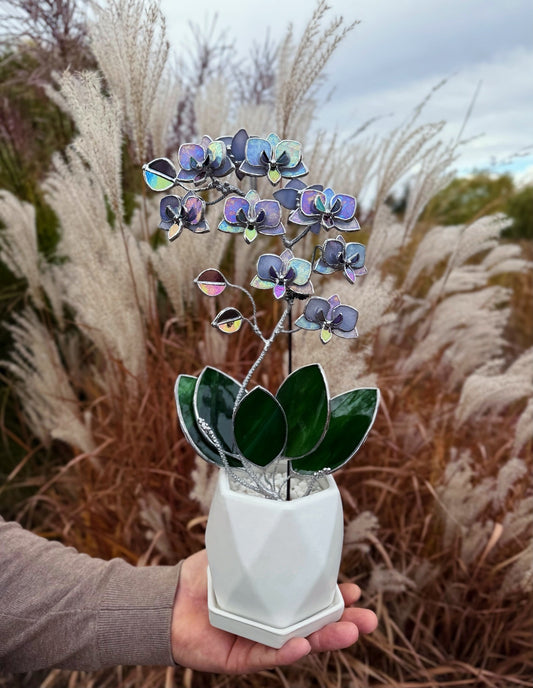 " . CHOOSE COLOR Stained glass Orchid, double sided, 10 flowers with pot”, Stained glass tropical flower 3D, Suncatcher, Table plant decor