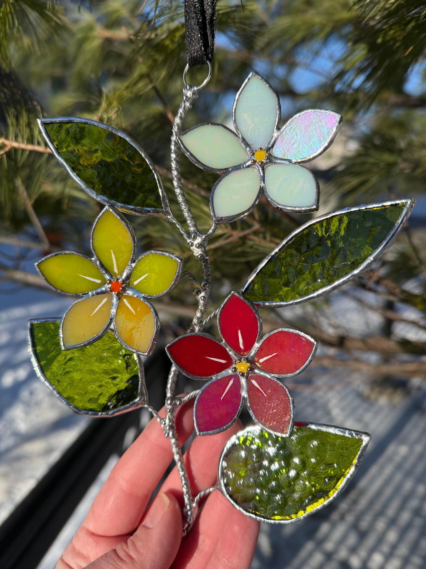 Forget Me Not Artisan Warm Gradient Stained Glass Suncatcher Wall Decor ready