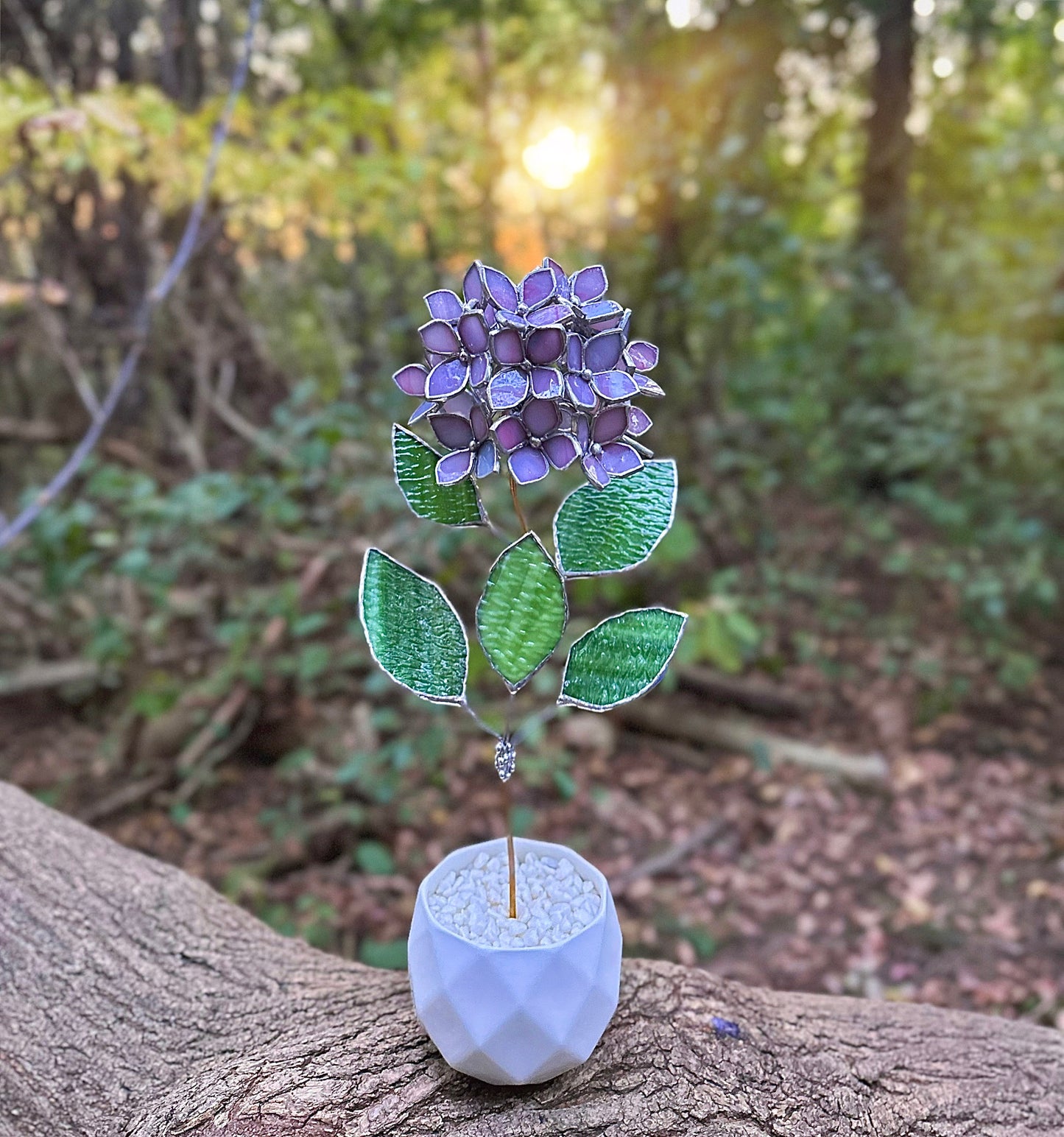 " . Dusty Pink Hydrangea bunch translucent in the sun in flower pot”, Stained glass tropical flower 3D, Sun catcher, Table plant, Garden stick, Outdoor and gardening decor