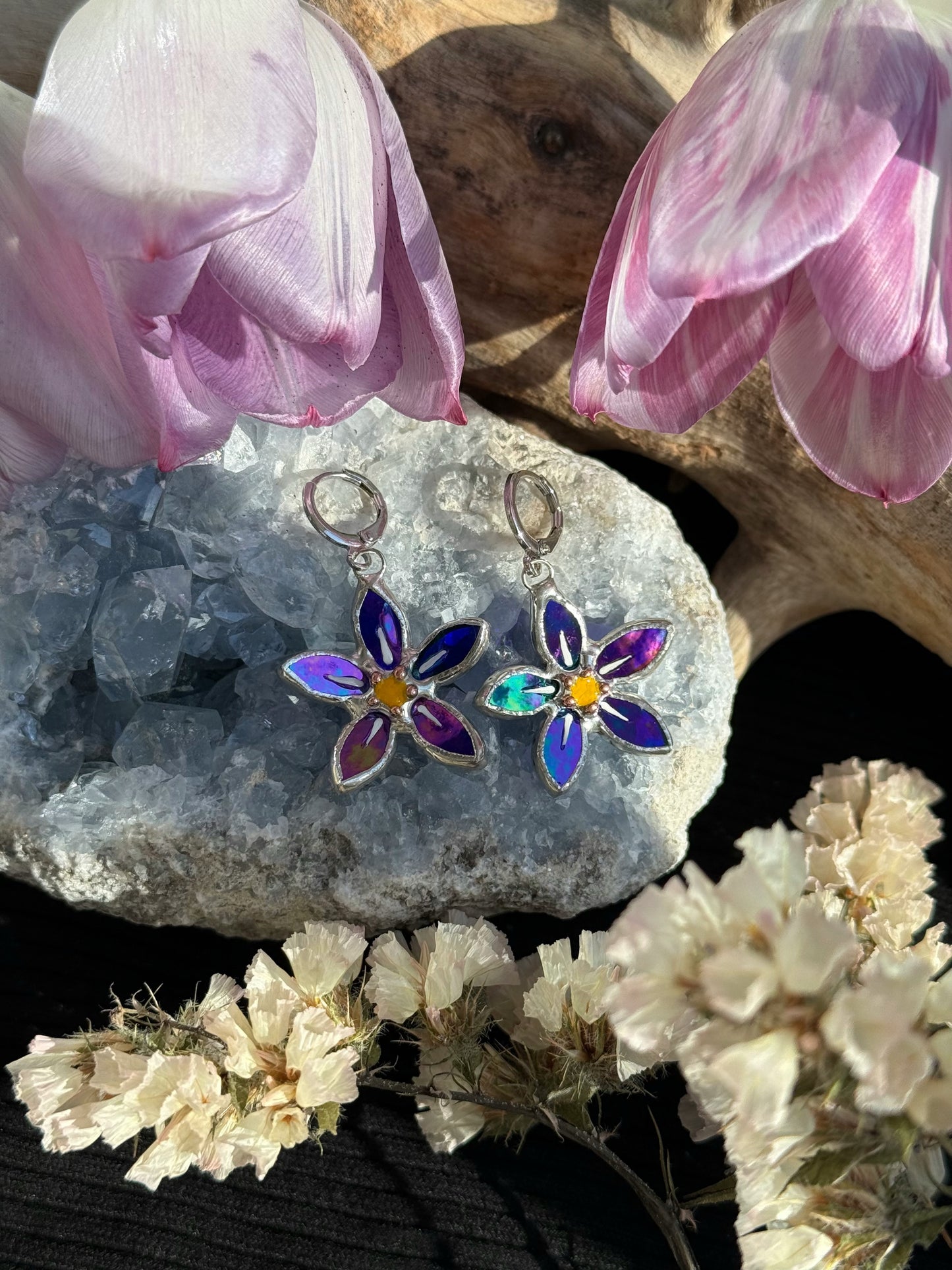 .Forget Me Not Earrings Indigo Luminescent Handcrafted Stained glass Botanical Art Jewelry