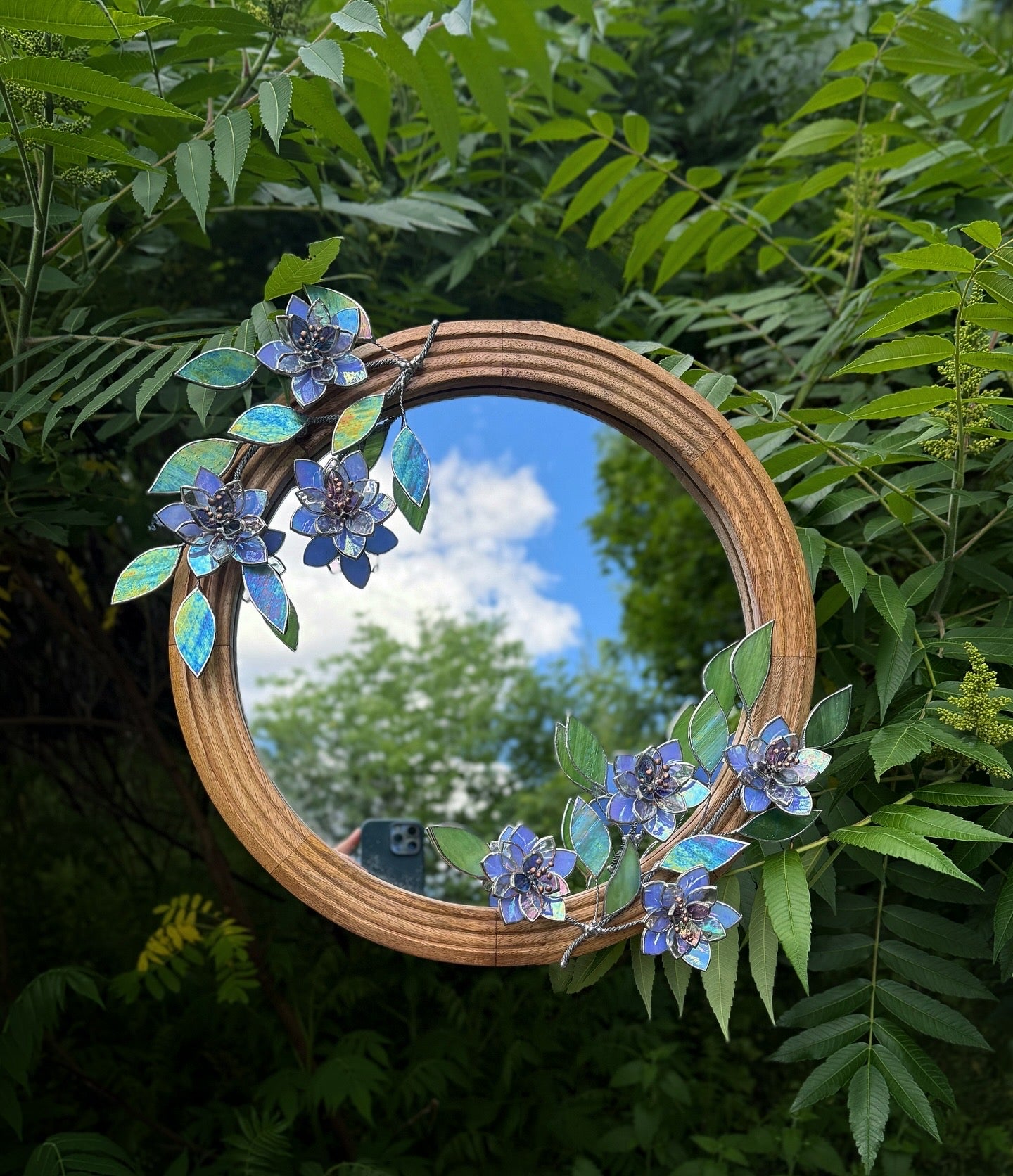 .Blue Wildflowers Stained glass Wall Mirror, 3D Botanical Floral Art ready