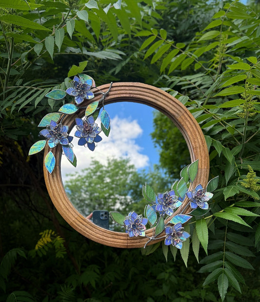 .Blue Wildflowers Stained glass Wall Mirror, 3D Botanical Floral Art ready