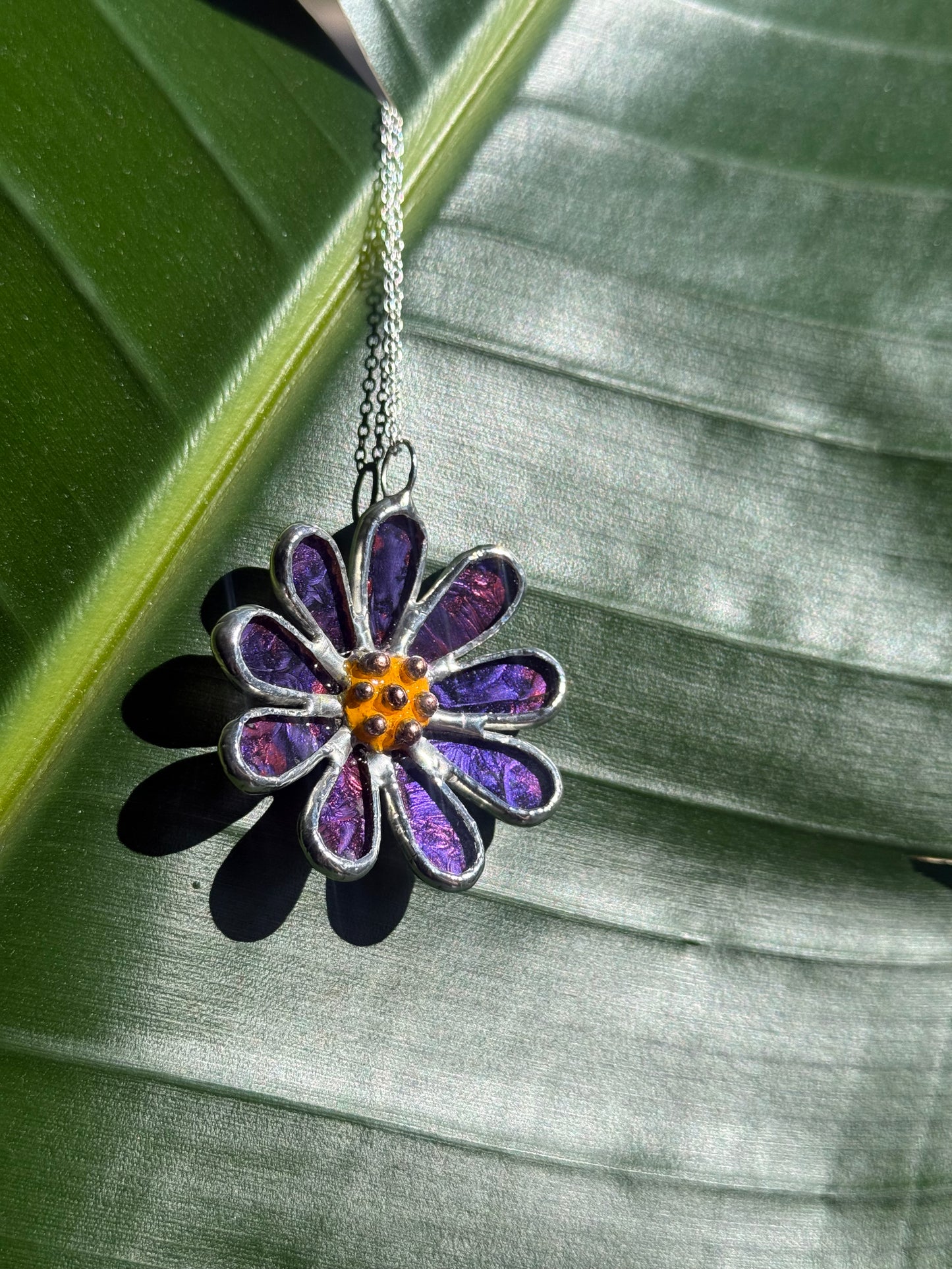 Daisy Purple & Pink, Stained Glass Necklace or Brooch, Handmade Botanical Jewelry