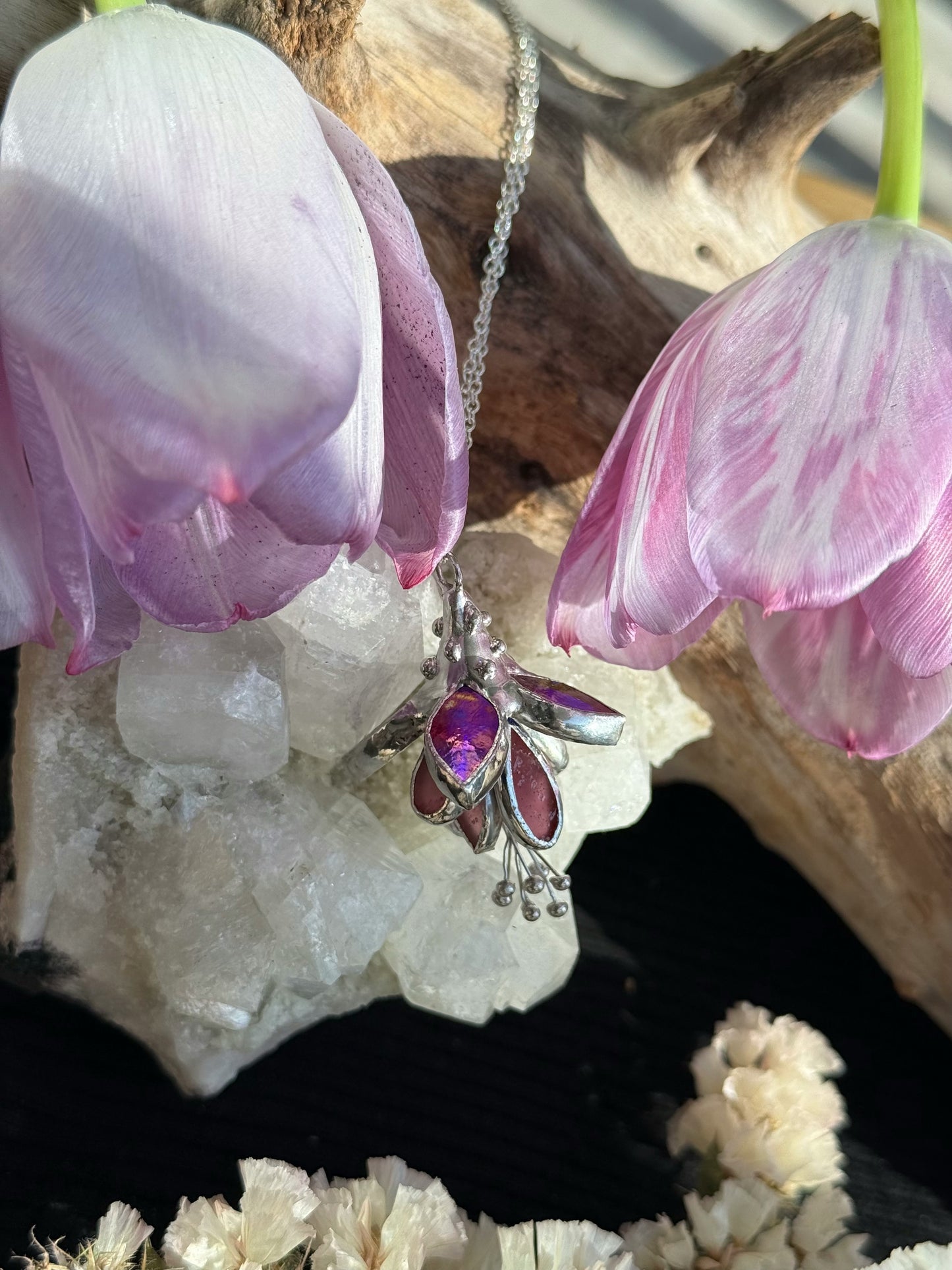 Fuchsia flower Necklace, LEAD FREE Stained glass modern art jewelry new
