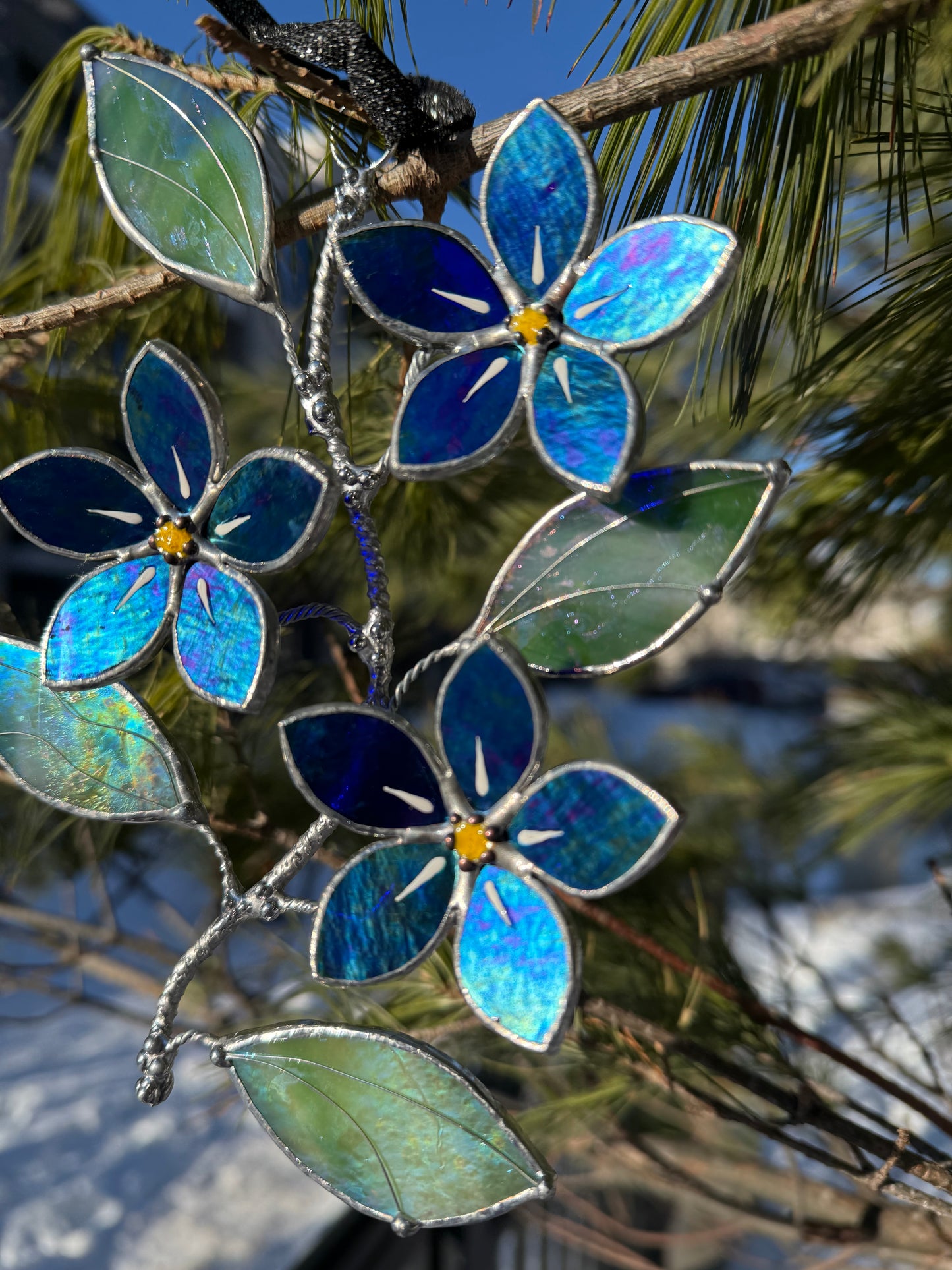 "  . Forget me not flower Indigo iridescent Wall Pendant, Stained glass, Walldecoration, Suncatcher