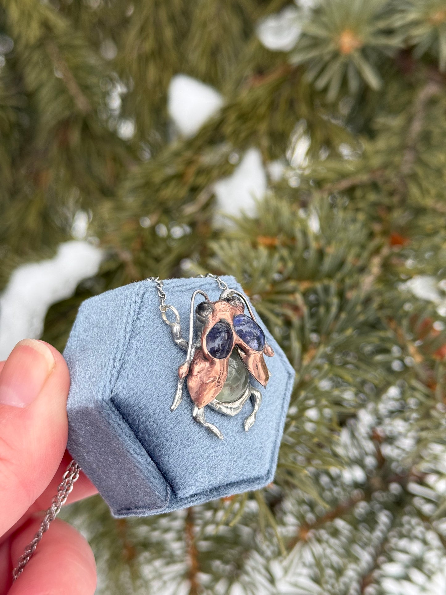 " . Bug necklace Baby Cicada with Blue Iolite & Olive Prehnite”, art jewelry pendant 3D wedding jewelry Mother’s Day gift