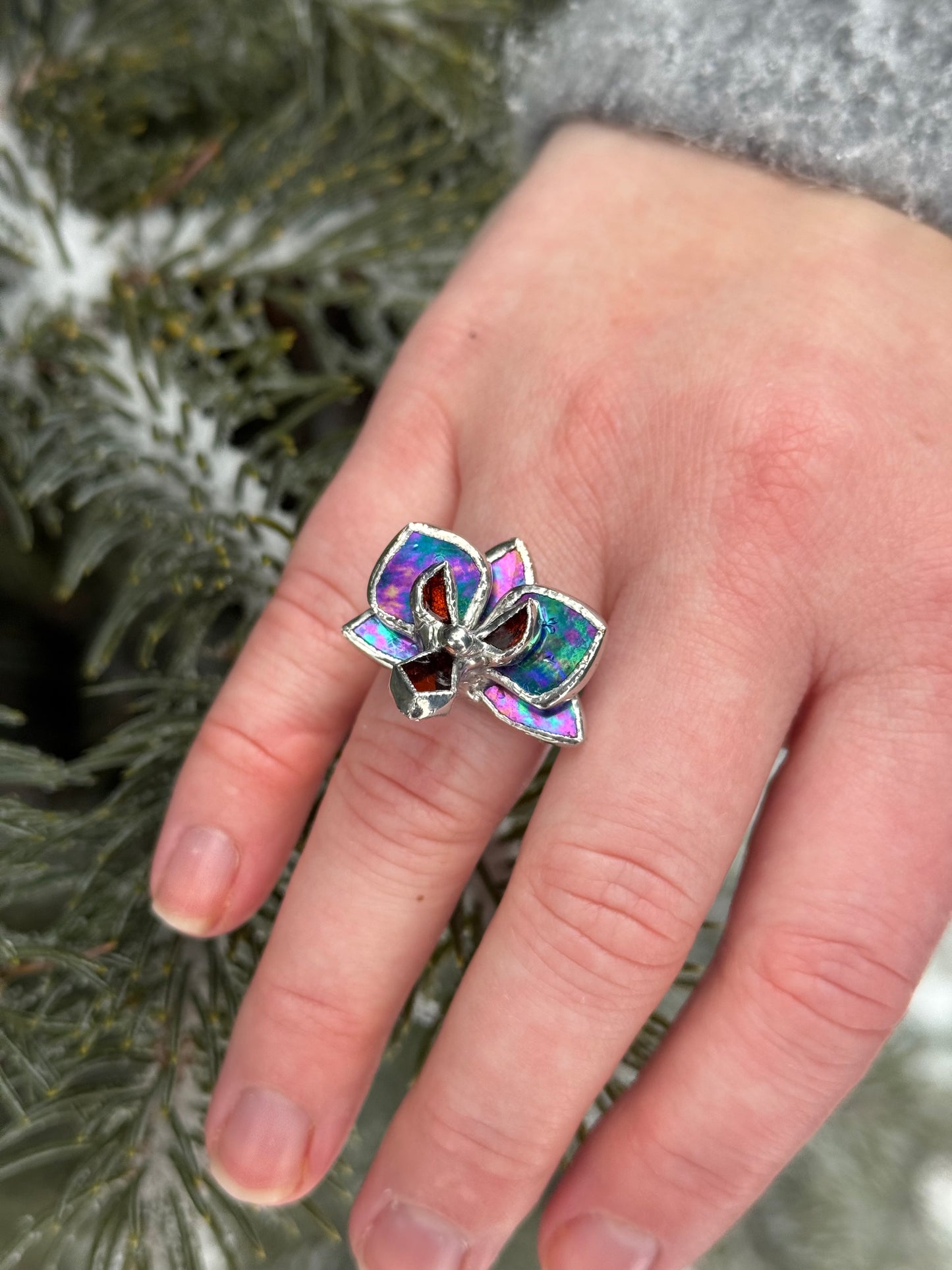 " . Ring Indigo irid transparent Orchid” Stained glass tropical flower 3D, art jewelry