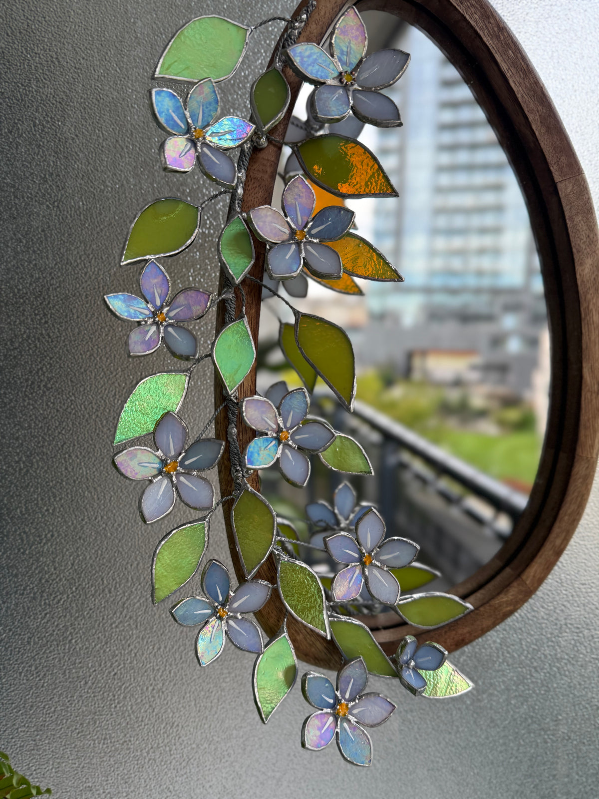 .Forget Me Not iridescent Stained glass Flower Mirror, 3D Botanical Floral Wall Art ready new