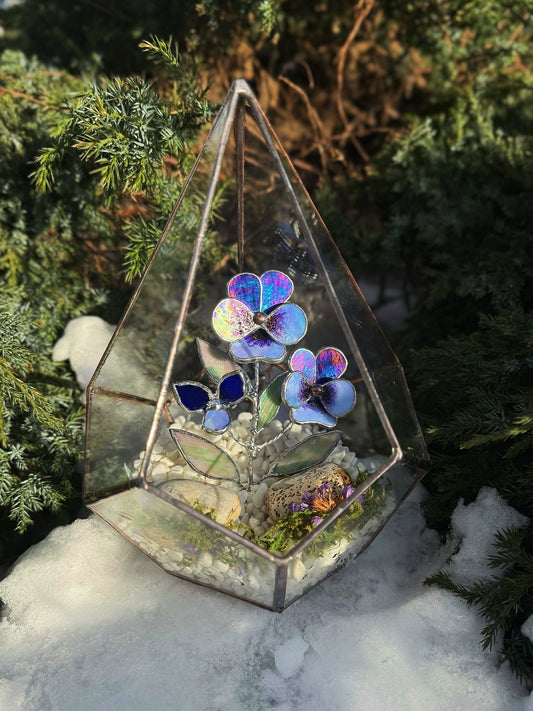 Geometric Glass Terrarium with Stained Glass Pansy Flower Plant Decor