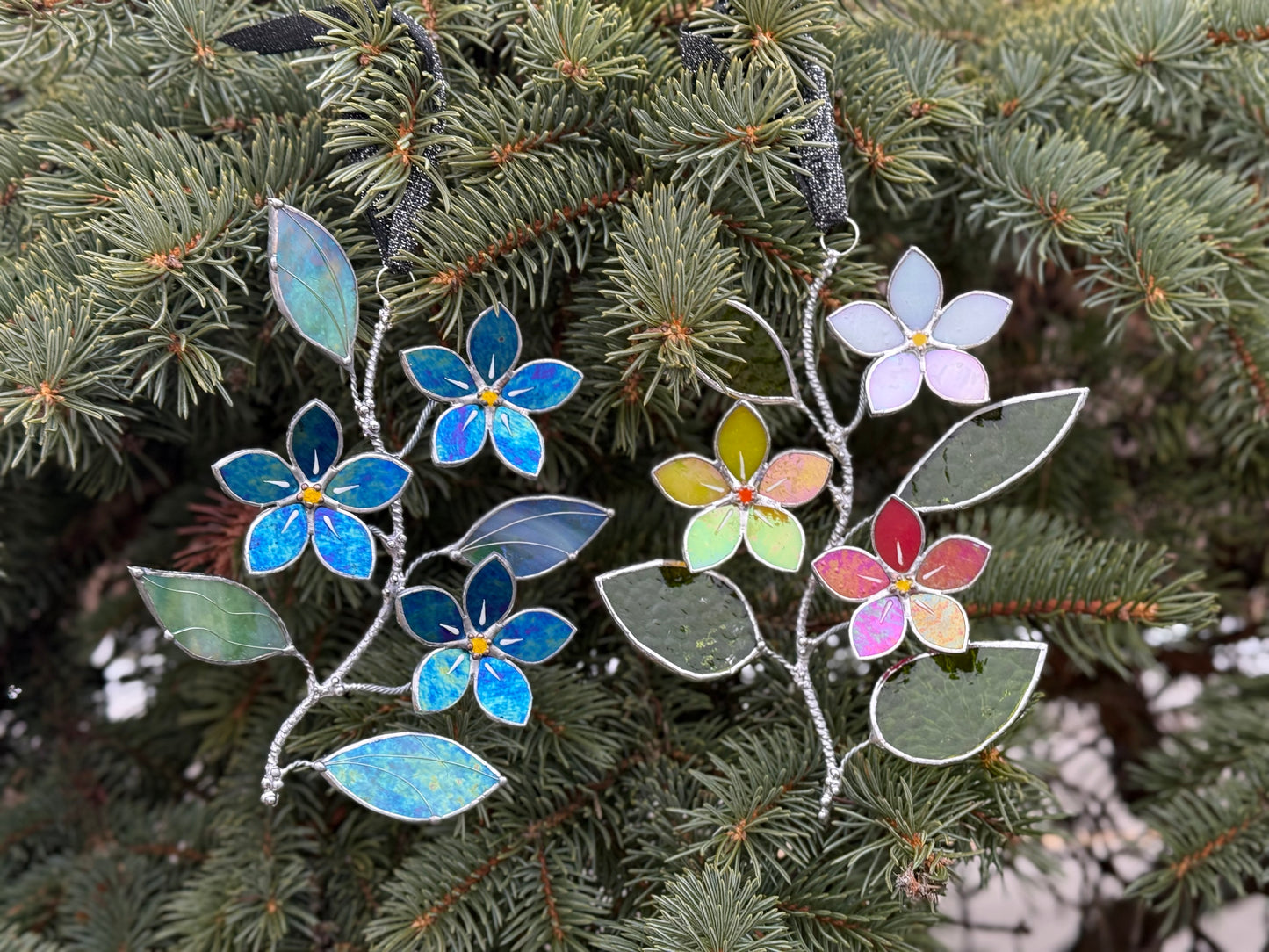 "  . Forget me not flower Indigo iridescent Wall Pendant, Stained glass, Walldecoration, Suncatcher