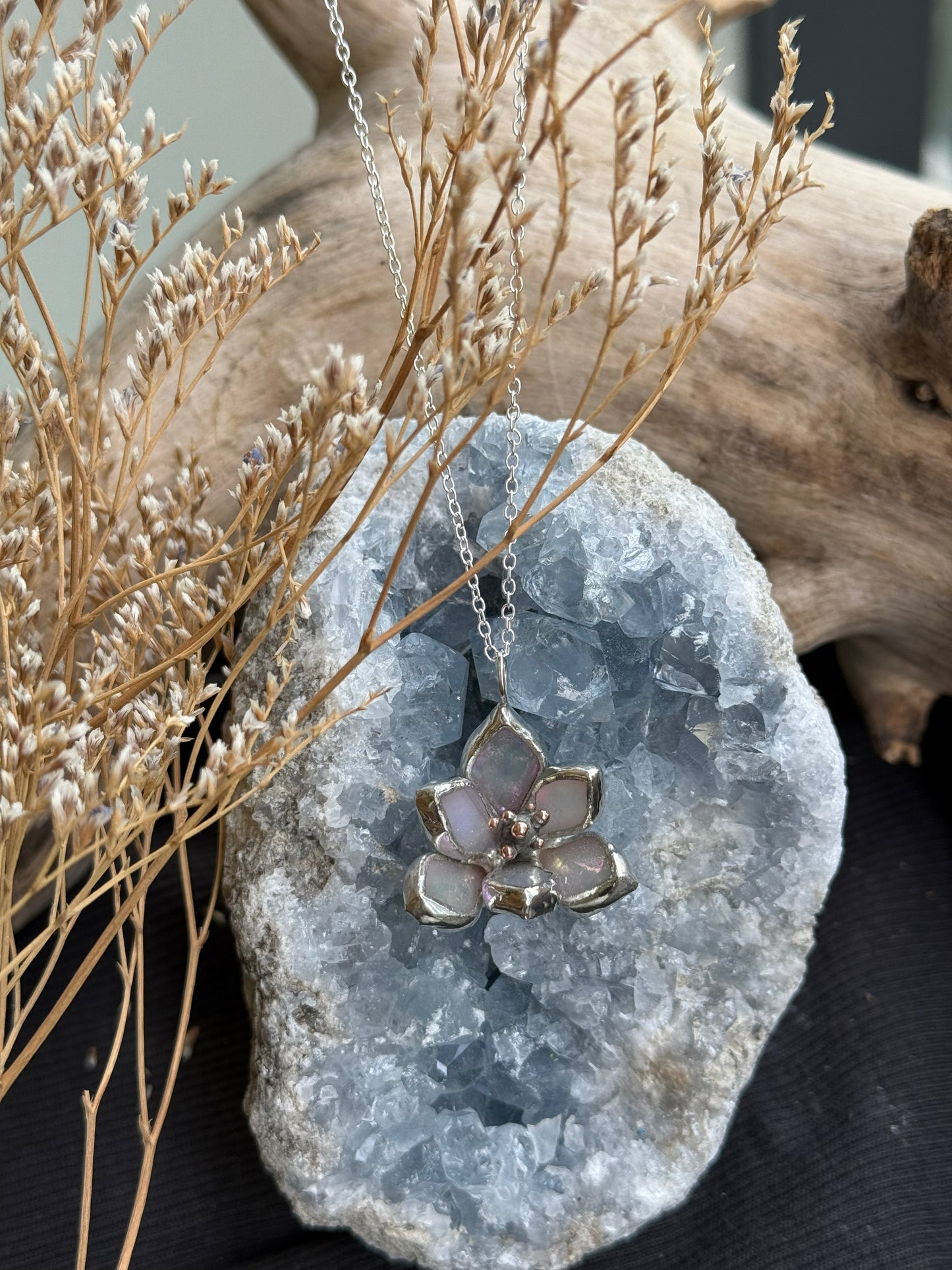 " . Magnolia flower White pearl iridescent Necklace” Stained glass tropical flower 3D, art jewelry