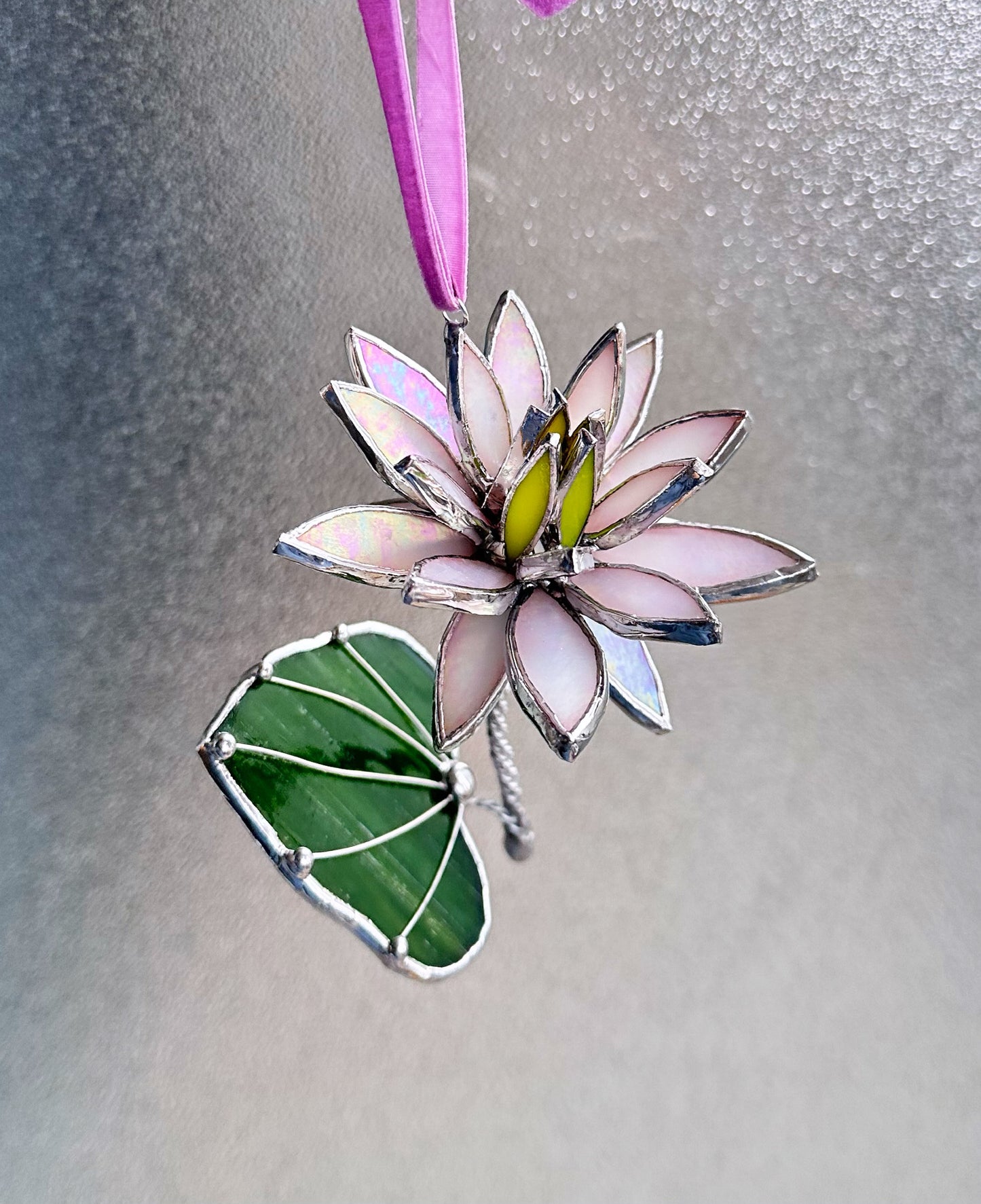 ".Water Lily White Pearl with leaf" Stained glass ornament Wall window decor, holiday decorations, succulents