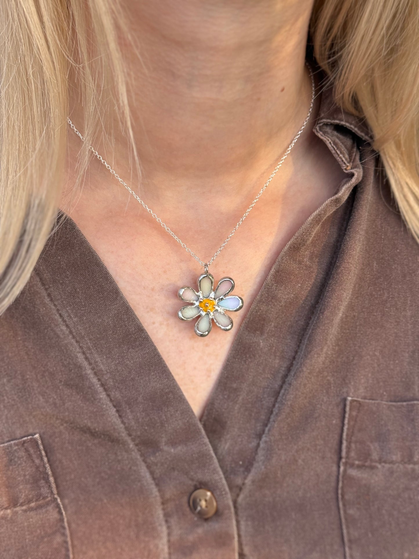 Daisy White Pearl Iridescent L S sizes, Stained Glass Necklace or Brooch, Handmade Botanical Jewelry
