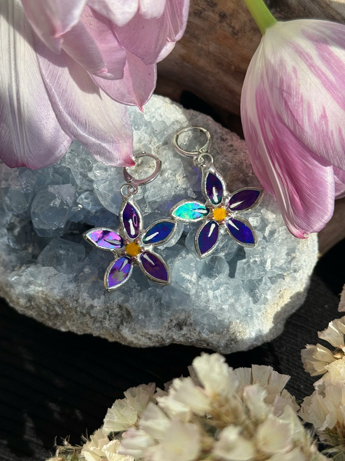 .Forget Me Not Earrings Indigo Luminescent Handcrafted Stained glass Botanical Art Jewelry