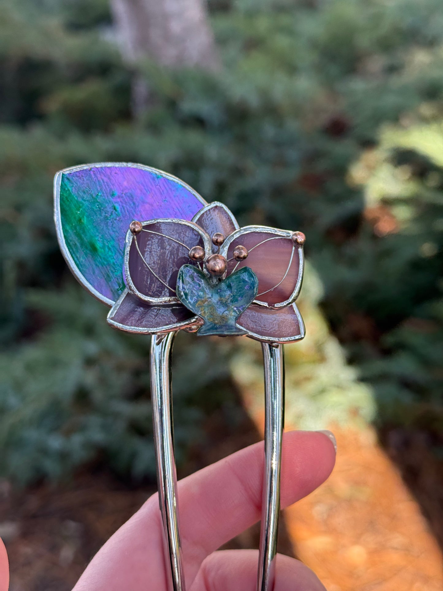 Hair Pin Stained Glass Orchid Flower CHOOSE COLOR Handmade Floral Accessories