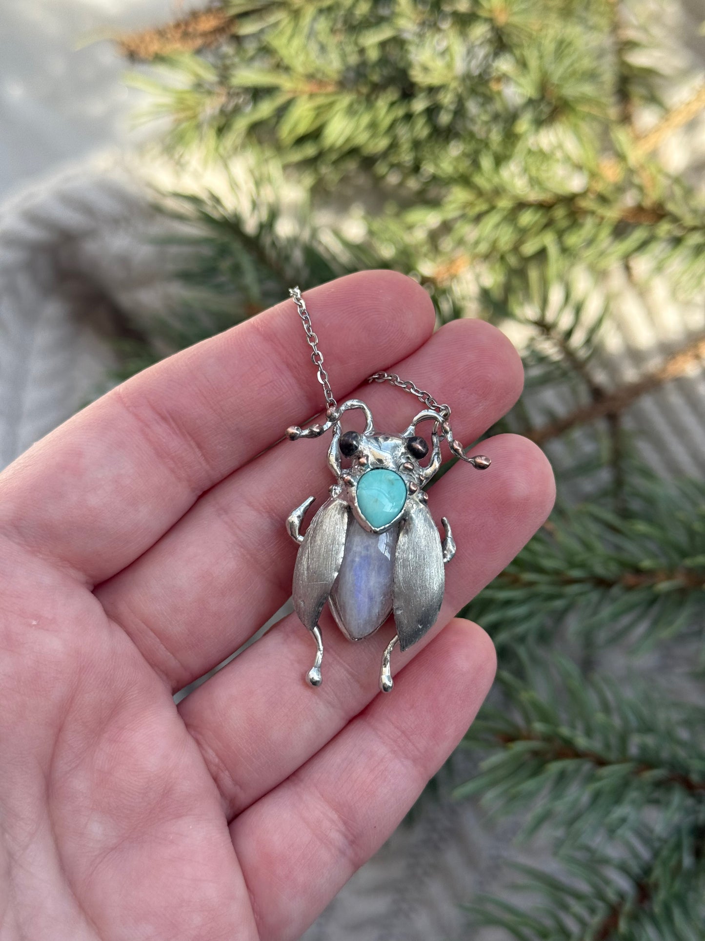 " . Bug necklace Moon Cicada with Blue Turquoise & Moonstone”, art jewelry pendant 3D wedding jewelry Mother’s Day gift