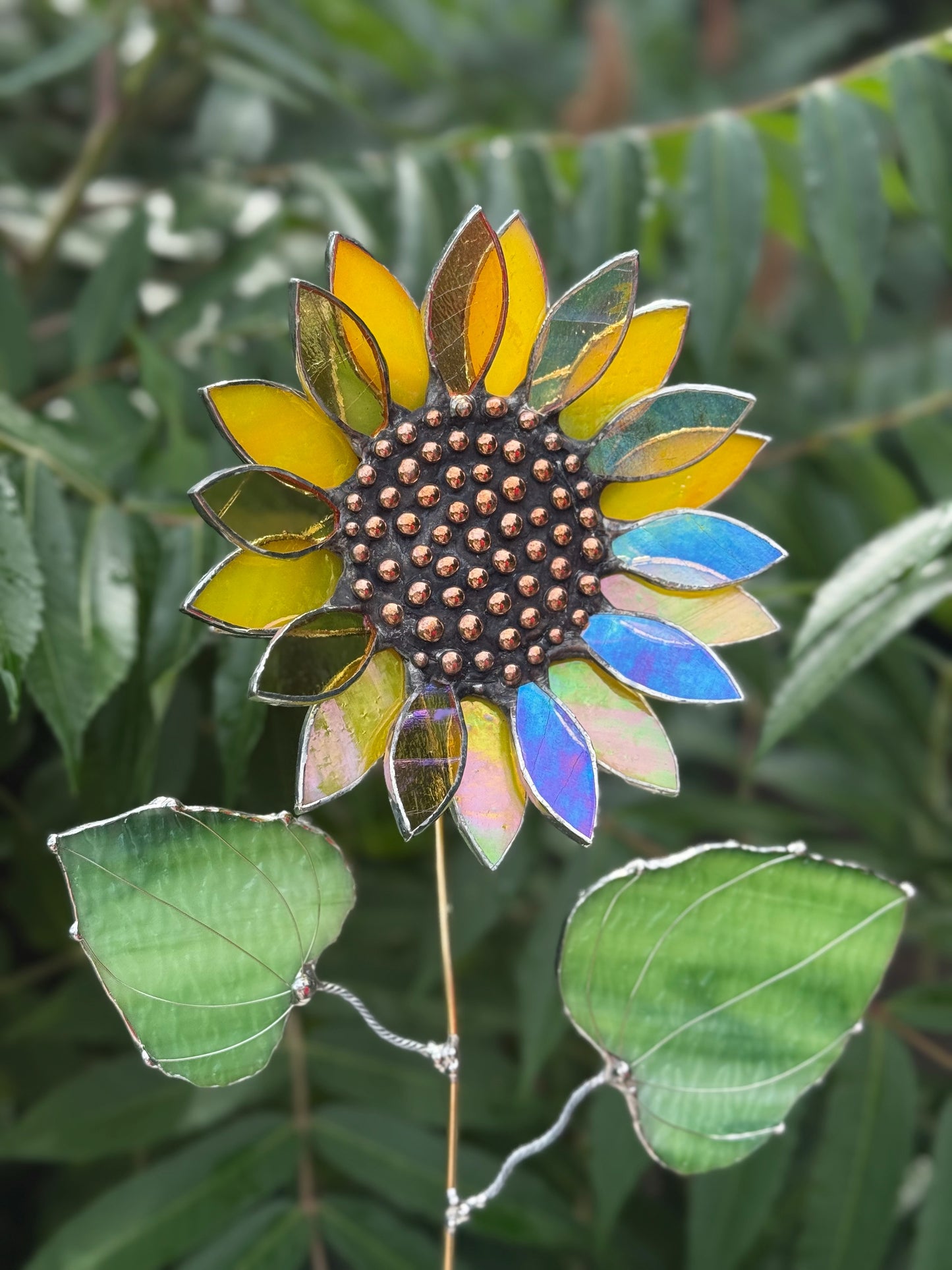 .Lemon Yellow & Amber Irid Sunflower Artisan 3D Stained Glass Suncatcher, Table Decor
