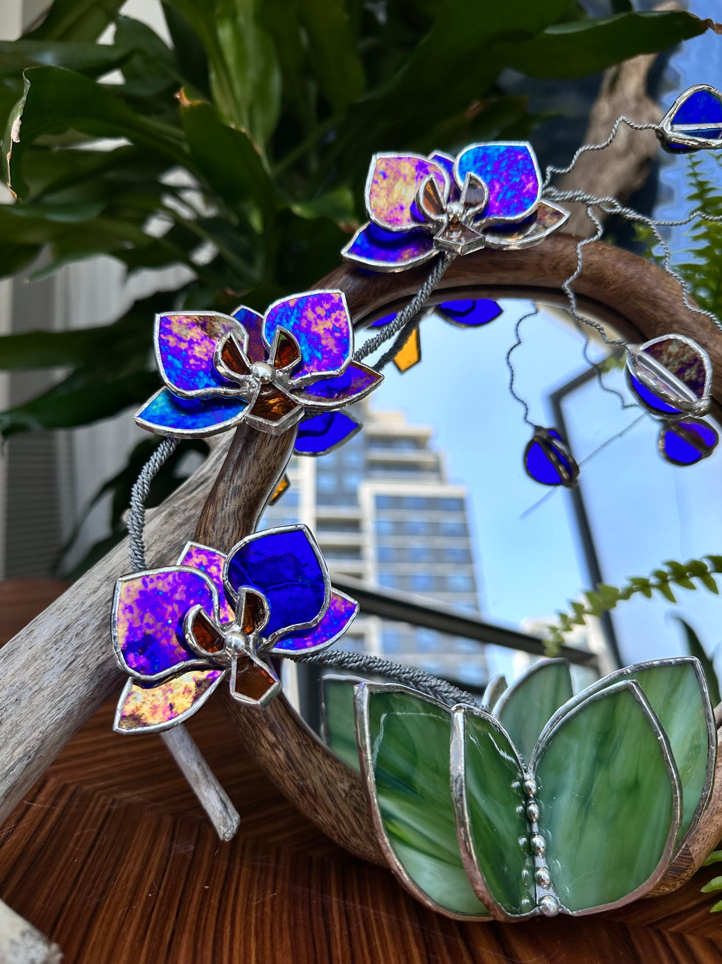 " . Amethyst gold luminescent Orchid Mirror”, Stained glass flower Wall decor, Suncatcher, Home wedding Decor, Christmas gift, available