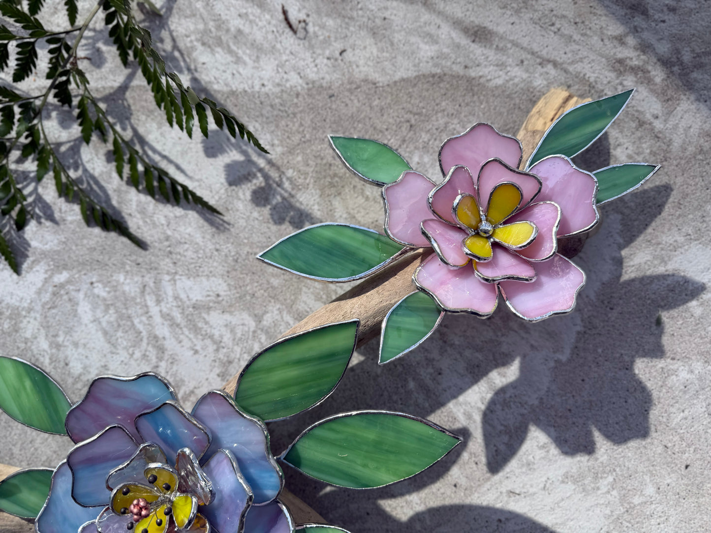.Peonies Stained Glass Driftwood Wall Decor Suncatcher