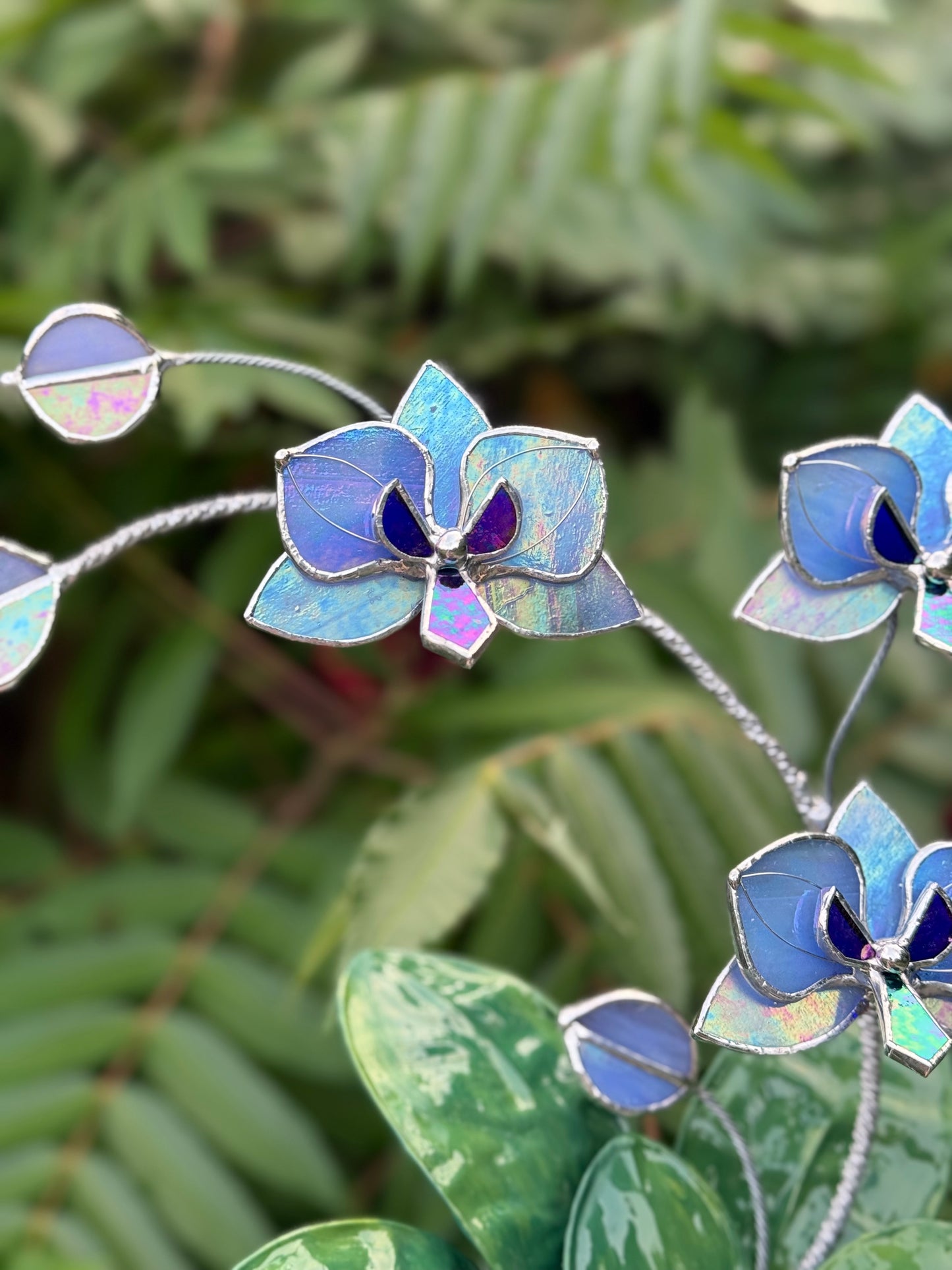 Orchid Lavender Blue Stained Glass WITH Hand Painted RESIN LEAVES, 3 Flowers, Botanical Table Decor