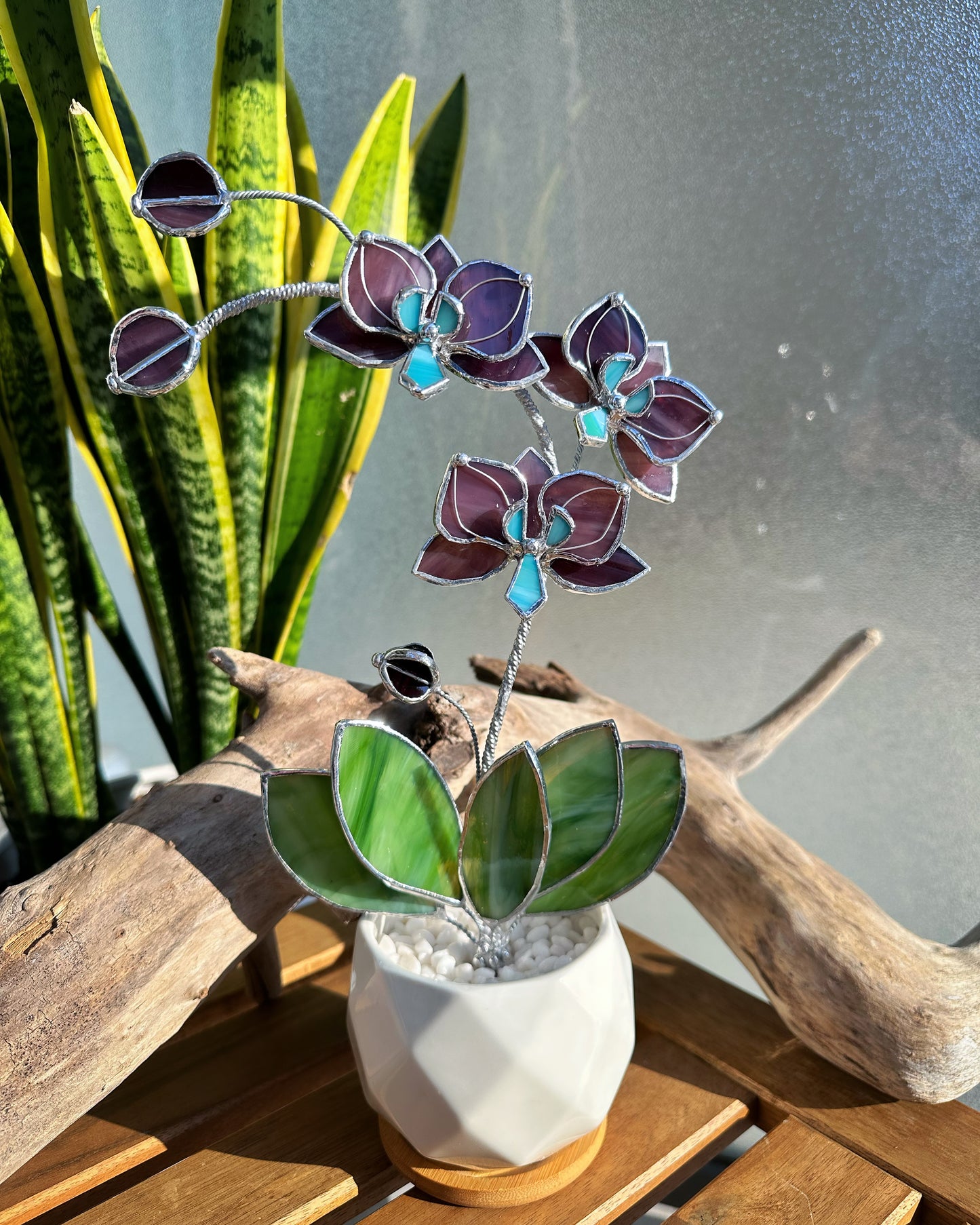 ". Reach Elderberry Orchid 3 flowers with pot” Stained glass tropical flower 3D, Sun catcher, Table plant decor, Garden stick, Outdoor and gardening decor