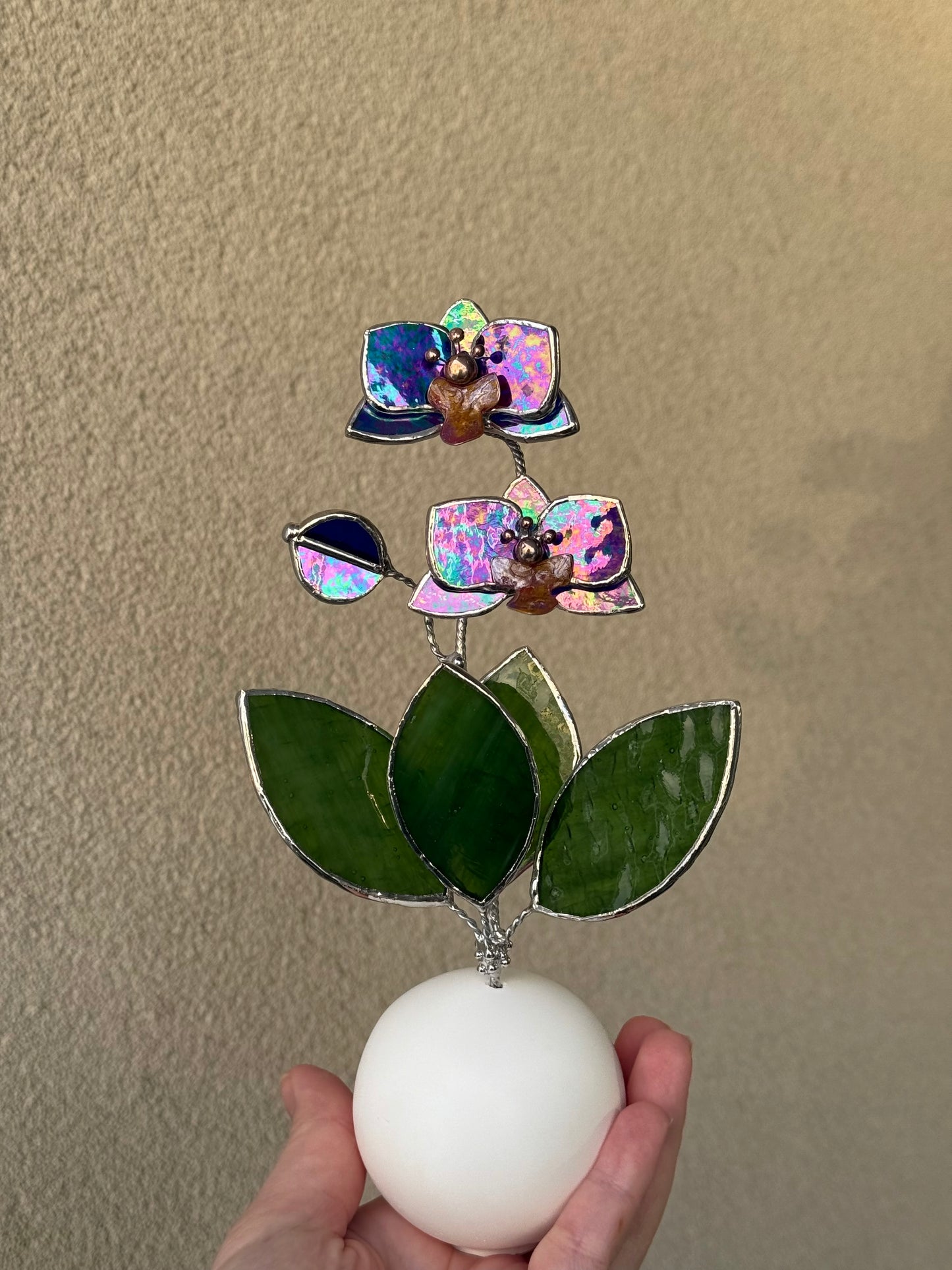 Orchid Indigo Stained Glass Artisan Flower, Botanical Table Decor
