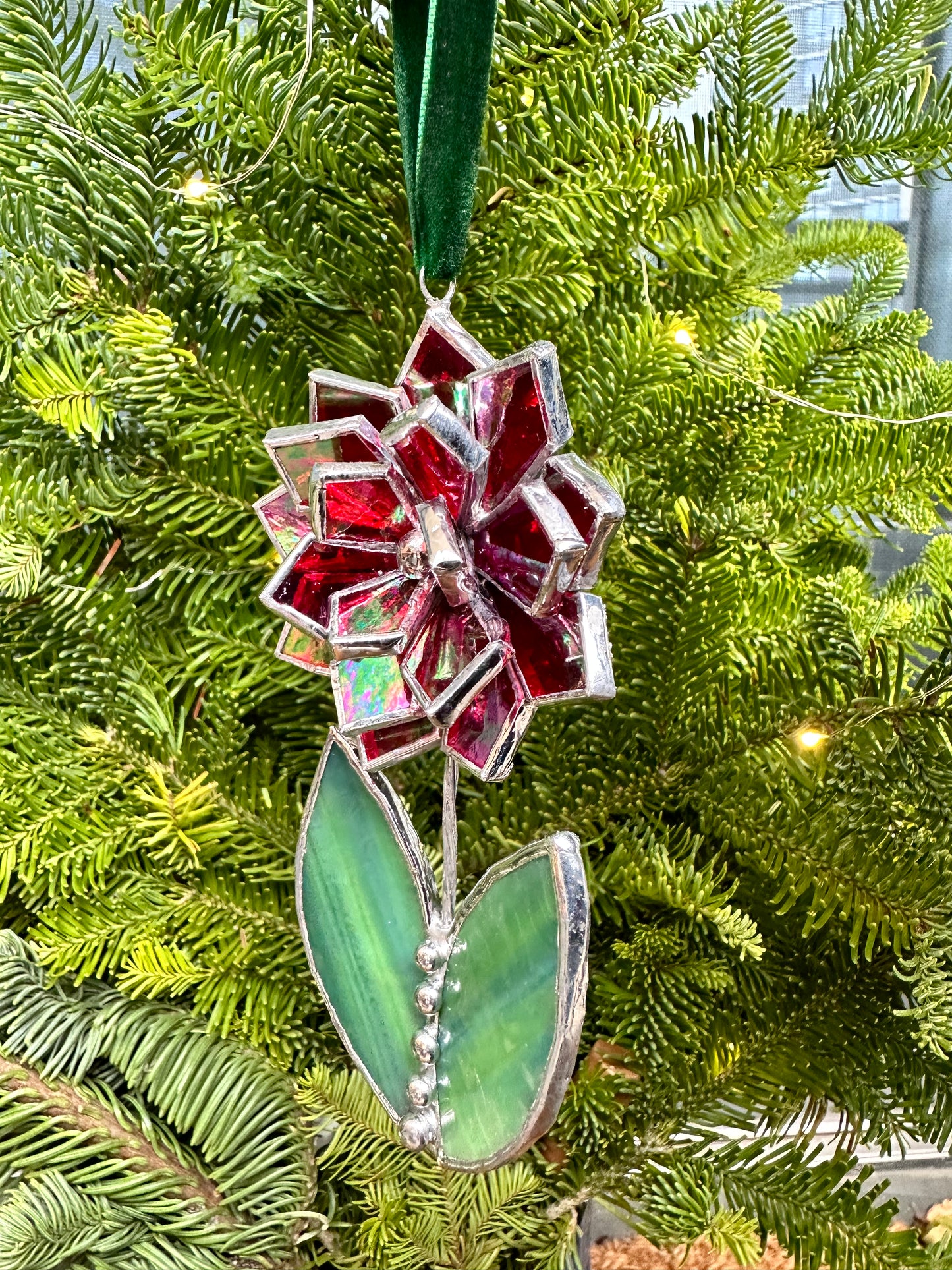 Christmas tree ornament Flower Red iridescent Set of 1, 3, 5, 7, 10. Stained glass Wall window decor, holiday decorations, lights