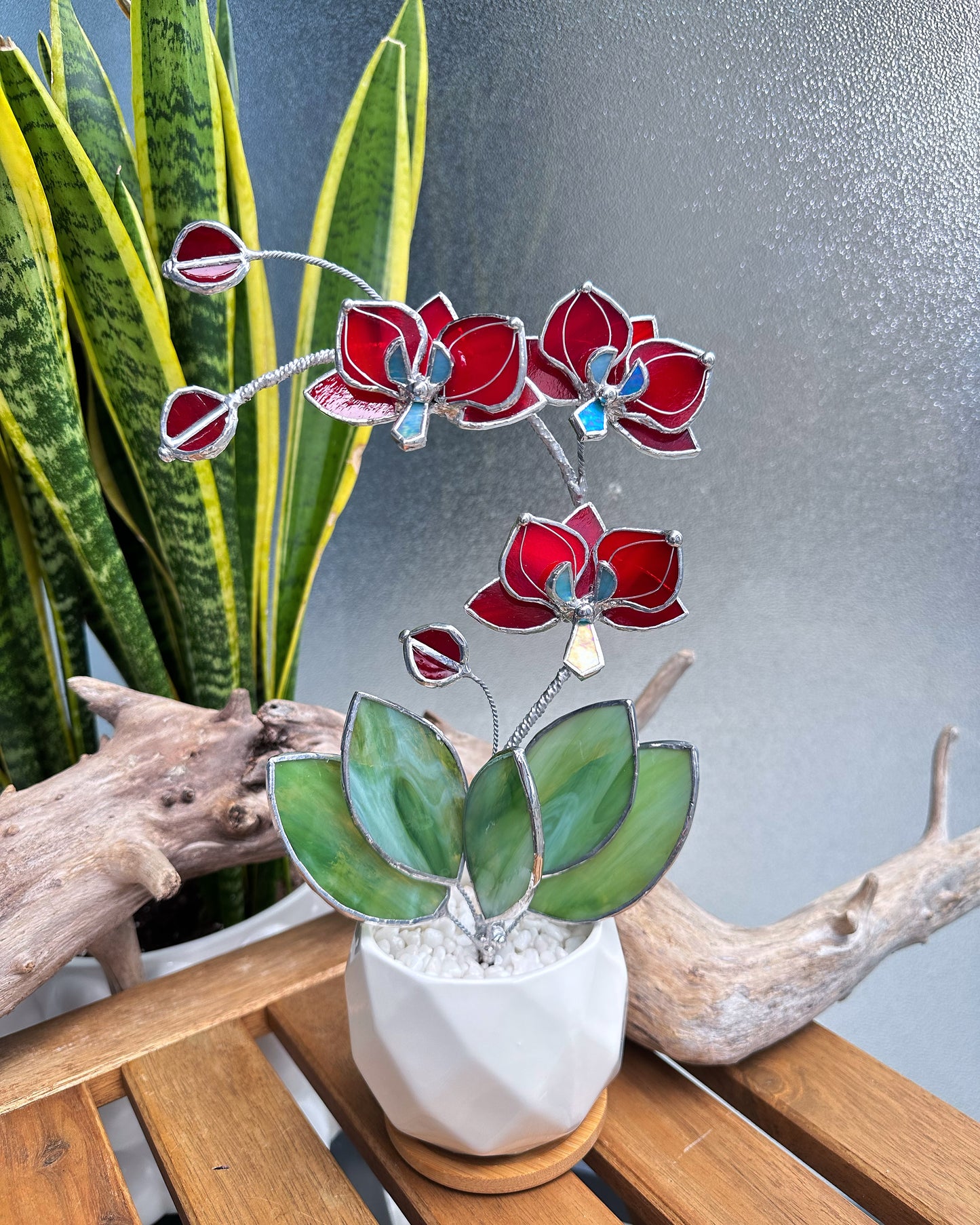 ". Ruby Red Orchid 3 flowers with pot” Stained glass tropical flower 3D, Sun catcher, Table plant decor, Garden stick, Outdoor and gardening decor