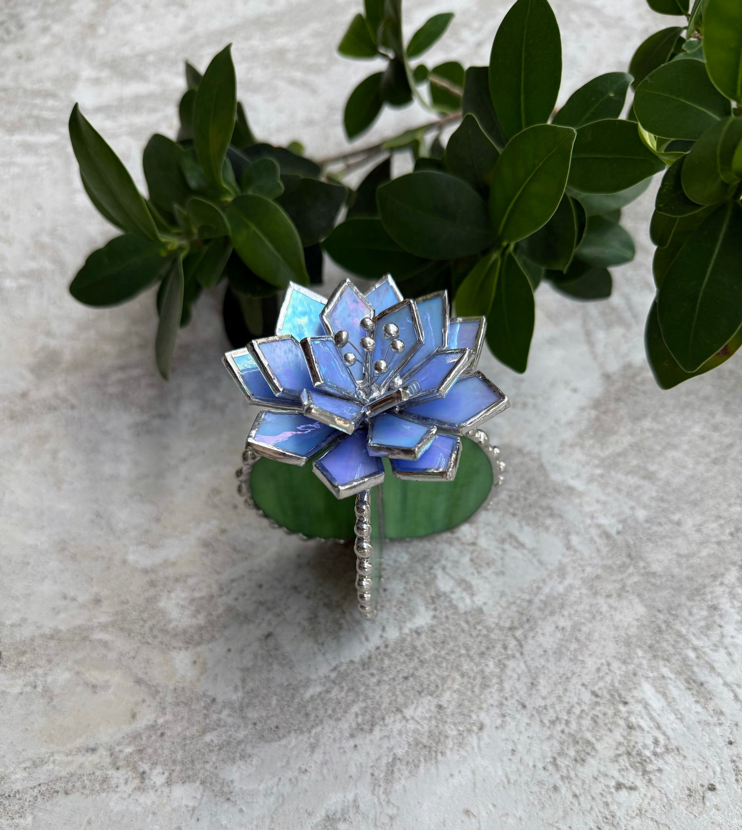 "Cactus Sky blue lumi & green ribbed" Stained glass Succulent 3D design, house plant for flower pot, Sun catcher, glass art, wedding decor