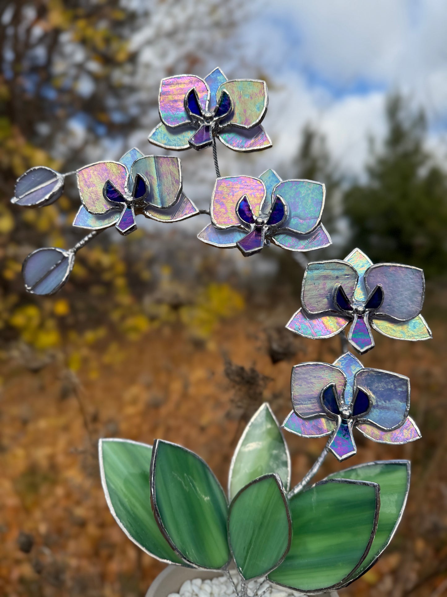 " . Lavender iridescent Orchid 5 flowers with pot" Stained glass tropical flower 3D, Sun catcher, Table plant, Garden stick, wedding decor, Christmas gift