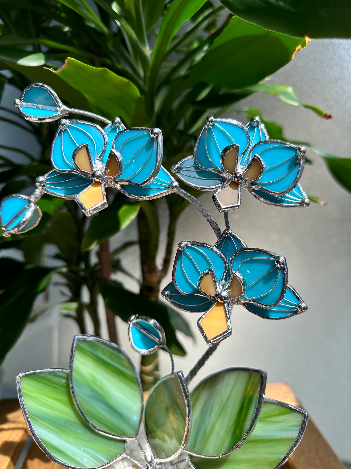 " . Tiffany turquoise Orchid 3 flowers with pot” Stained glass tropical flower 3D, Sun catcher, Table plant, Garden stick, Outdoor and gardening decor, available