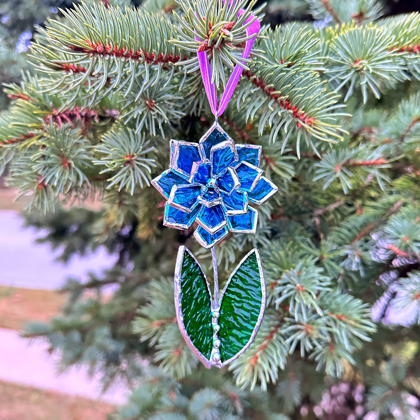 Christmas tree ornament Flower Blue ribbed transparent Set of 1, 3, 5, 7, 10. Stained glass Wall window decor, holiday decorations, lights