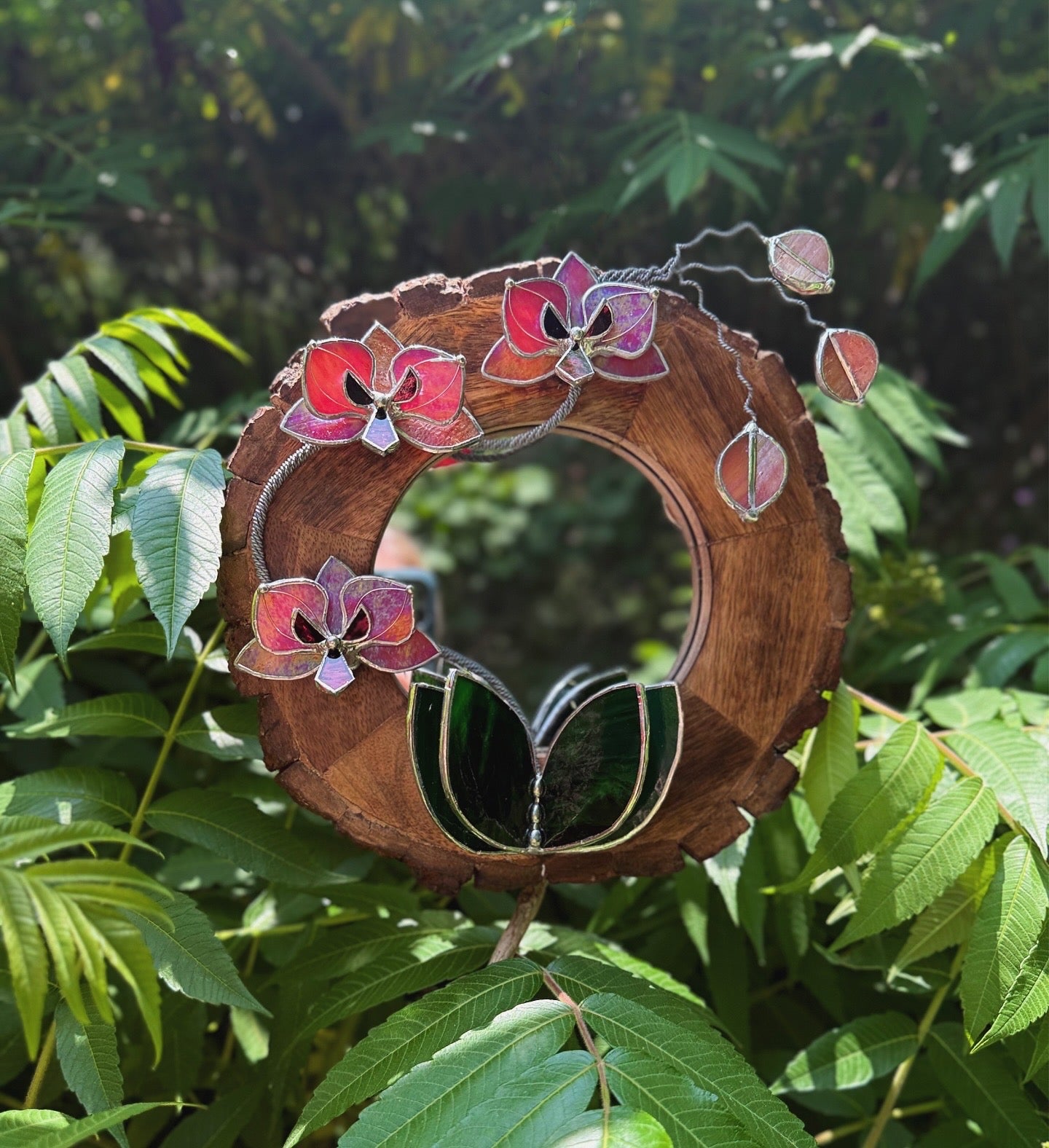 " . Berry red iridescent Orchid Mirror" Stained glass flower Wall decor.  Sun catcher Wooden frame Home wedding Decor Art. Christmas gift