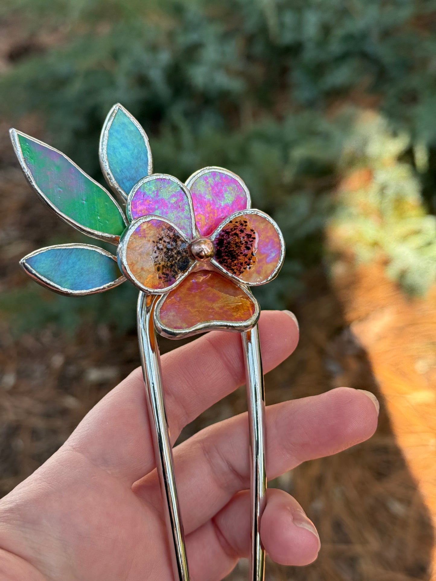 .Hair Pin Stained Glass Pansy Flower CHOOSE COLOR Handmade Floral Accessories