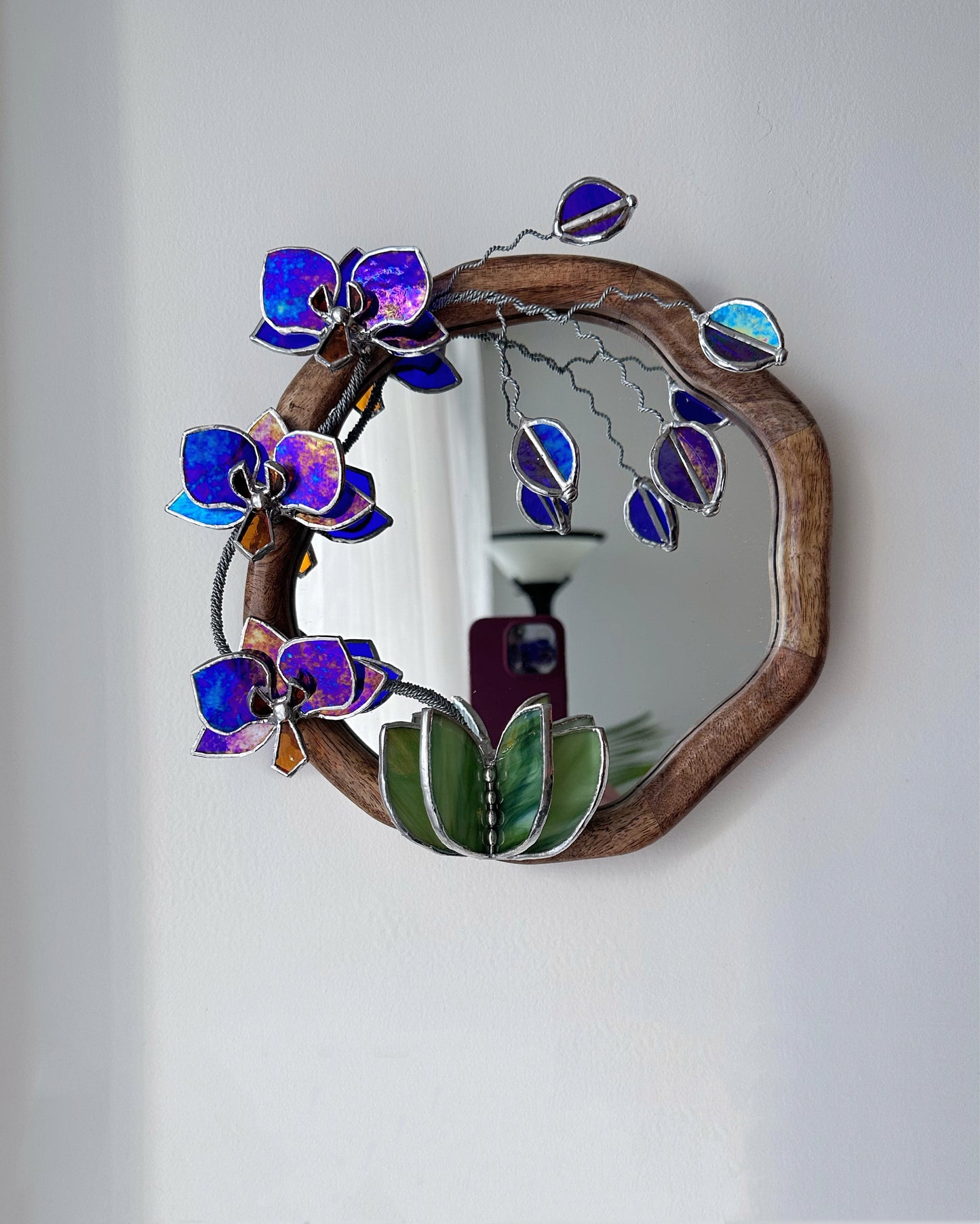 ". Amethyst gold luminescent Orchid" Mirror Stained glass flower Wall decor.  Sun catcher Wooden frame Home wedding Decor Art. Christmas gift